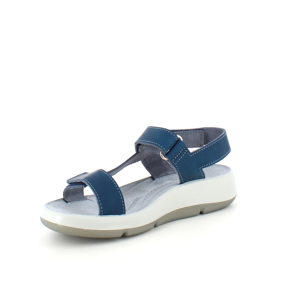 Blå skindsandal med tre justerbare remme og svangstøtte