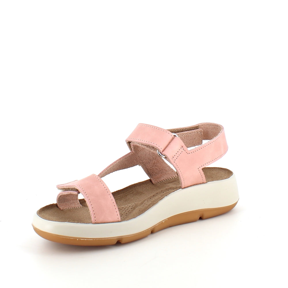 Rosa skindsandal med tre justerbare remme og svangstøtte