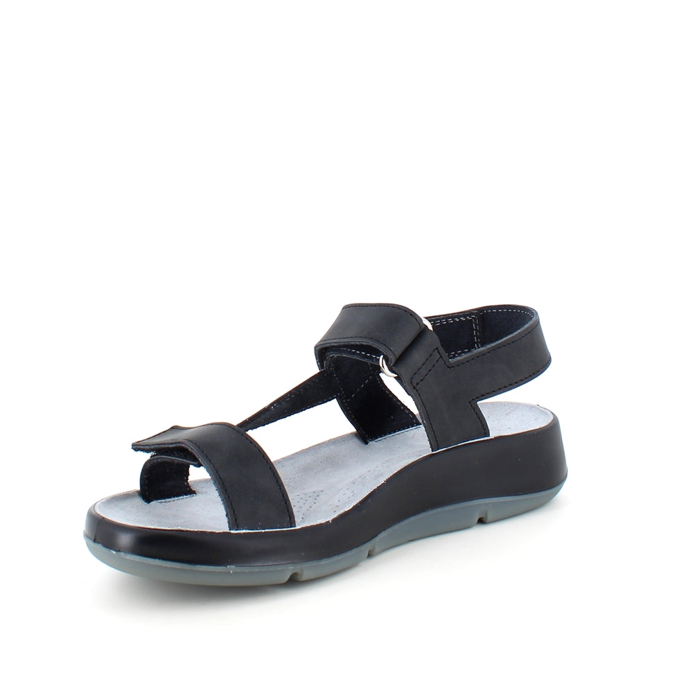 Sort skindsandal med tre justerbare remme og svangstøtte