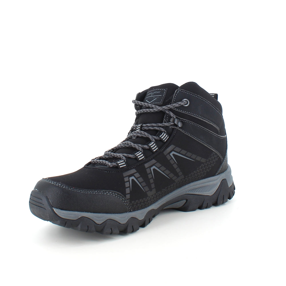 Sort vandrestøvle med overdel i eftergiveligt softshell