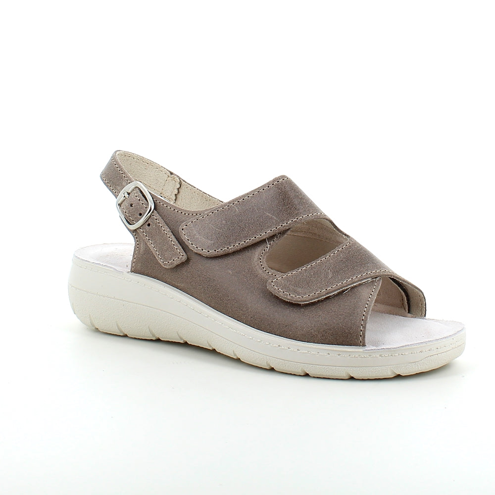 Bred ortopædisk sandal i beige med velcro, svangstøtte & ekstra plads til knyster