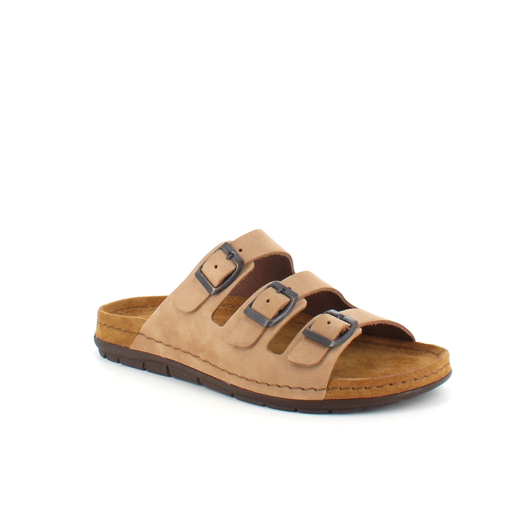 Brun slip on sandal i skind med smalle remme