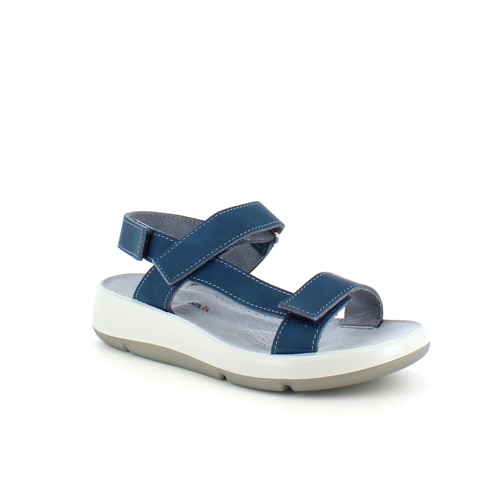 Blå skindsandal med tre justerbare remme og svangstøtte
