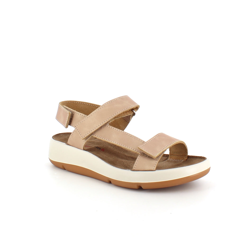Beige skindsandal med tre indstillelige remme og svangstøtte
