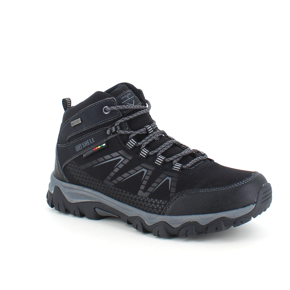 Sort vandrestøvle med overdel i eftergiveligt softshell