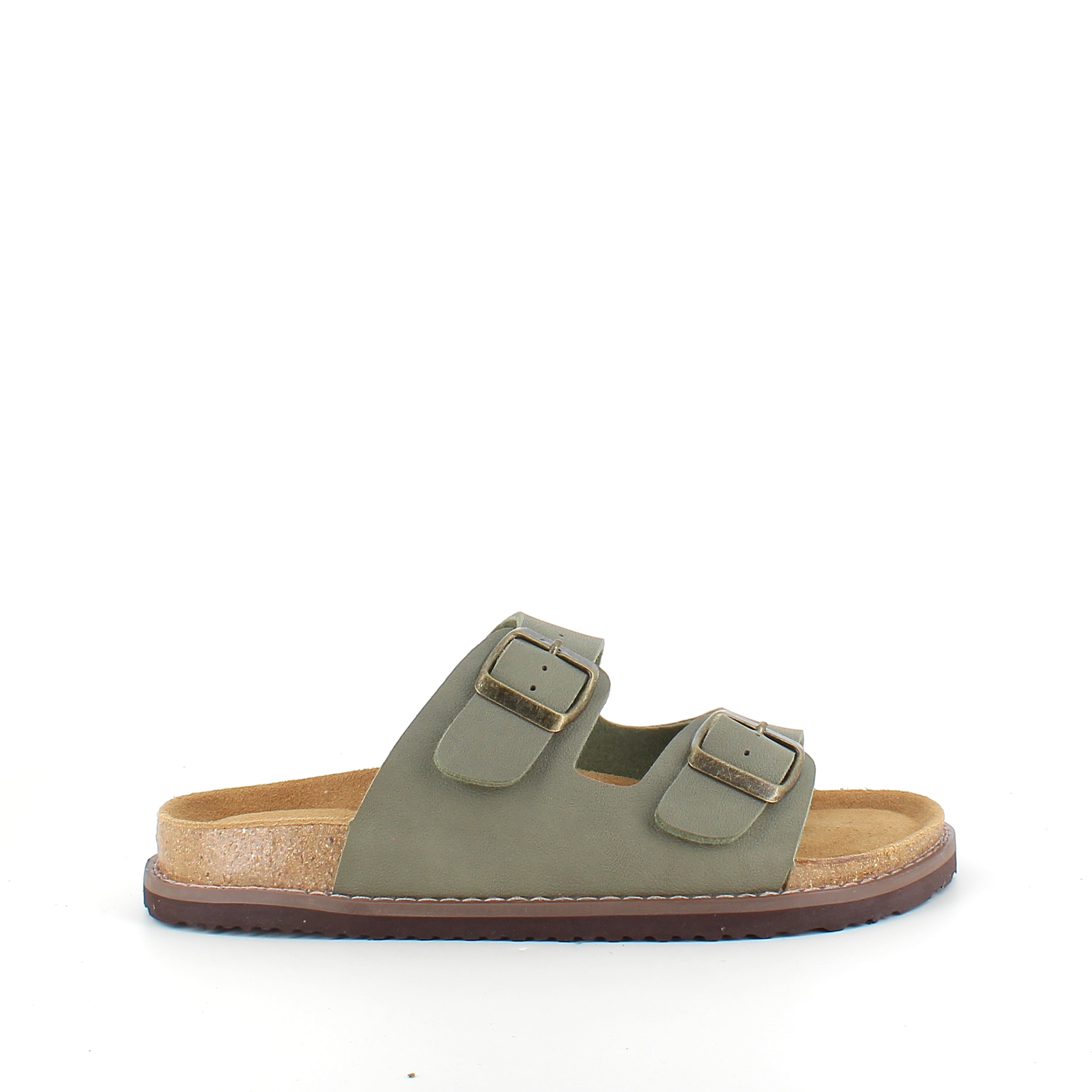 Slip on biosandal i kaki grøn – komfort & støtte med et roligt udtryk