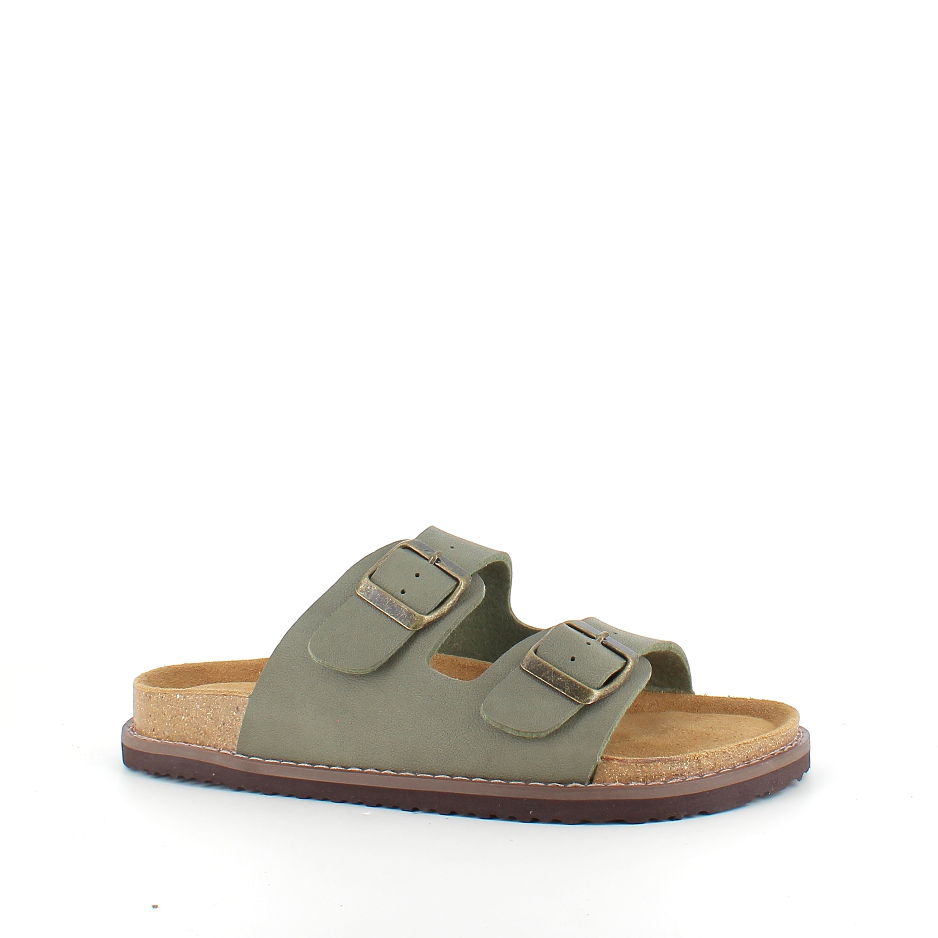 Slip on biosandal i kaki grøn – komfort & støtte med et roligt udtryk