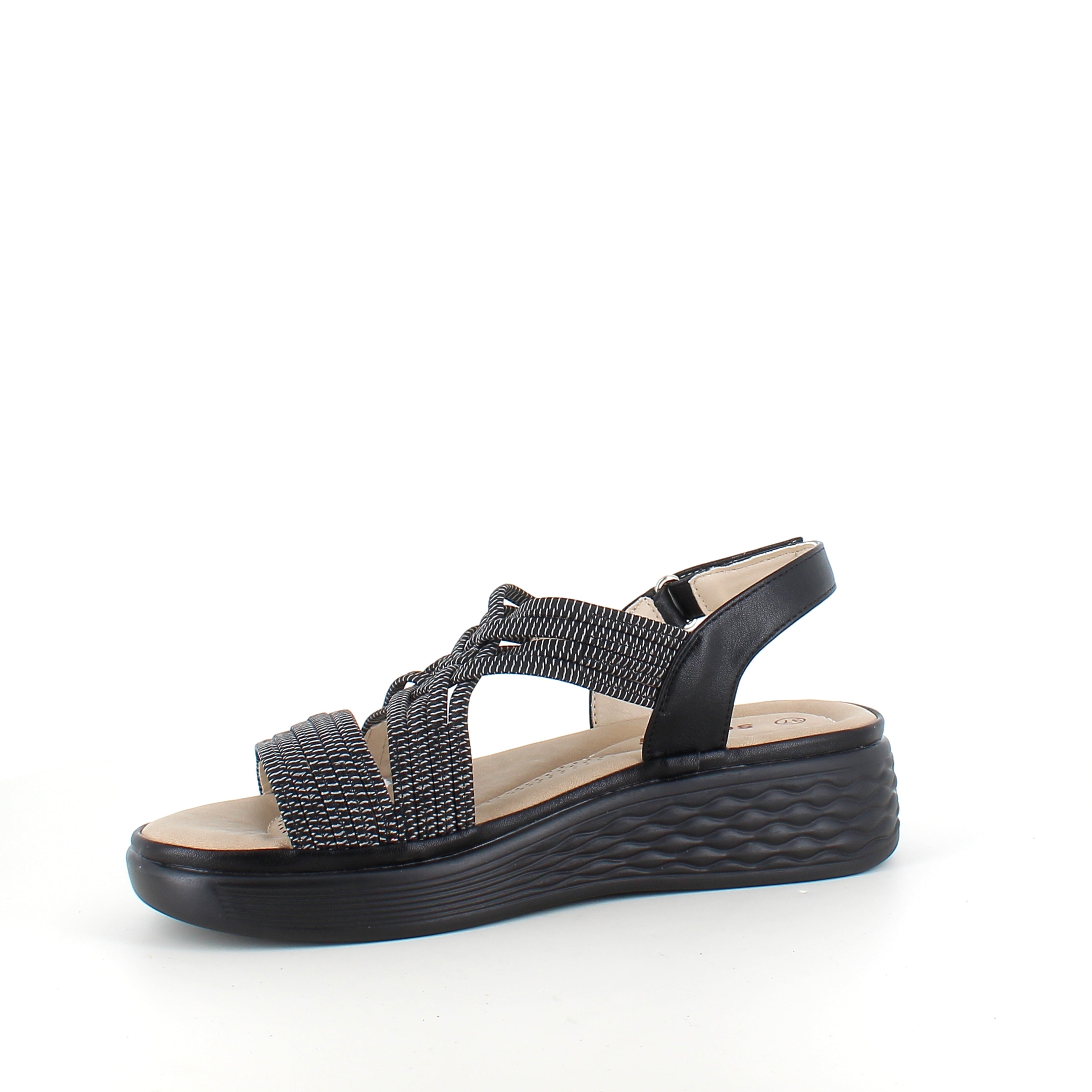 Sort sandal med elastiske remme og stødabsorberende sål