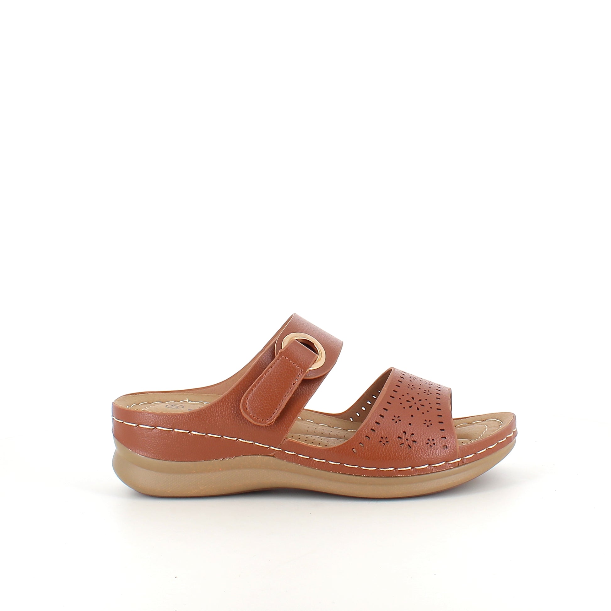 Brun slip on sandal med velcrorem – varm nuance & feminin silhuet