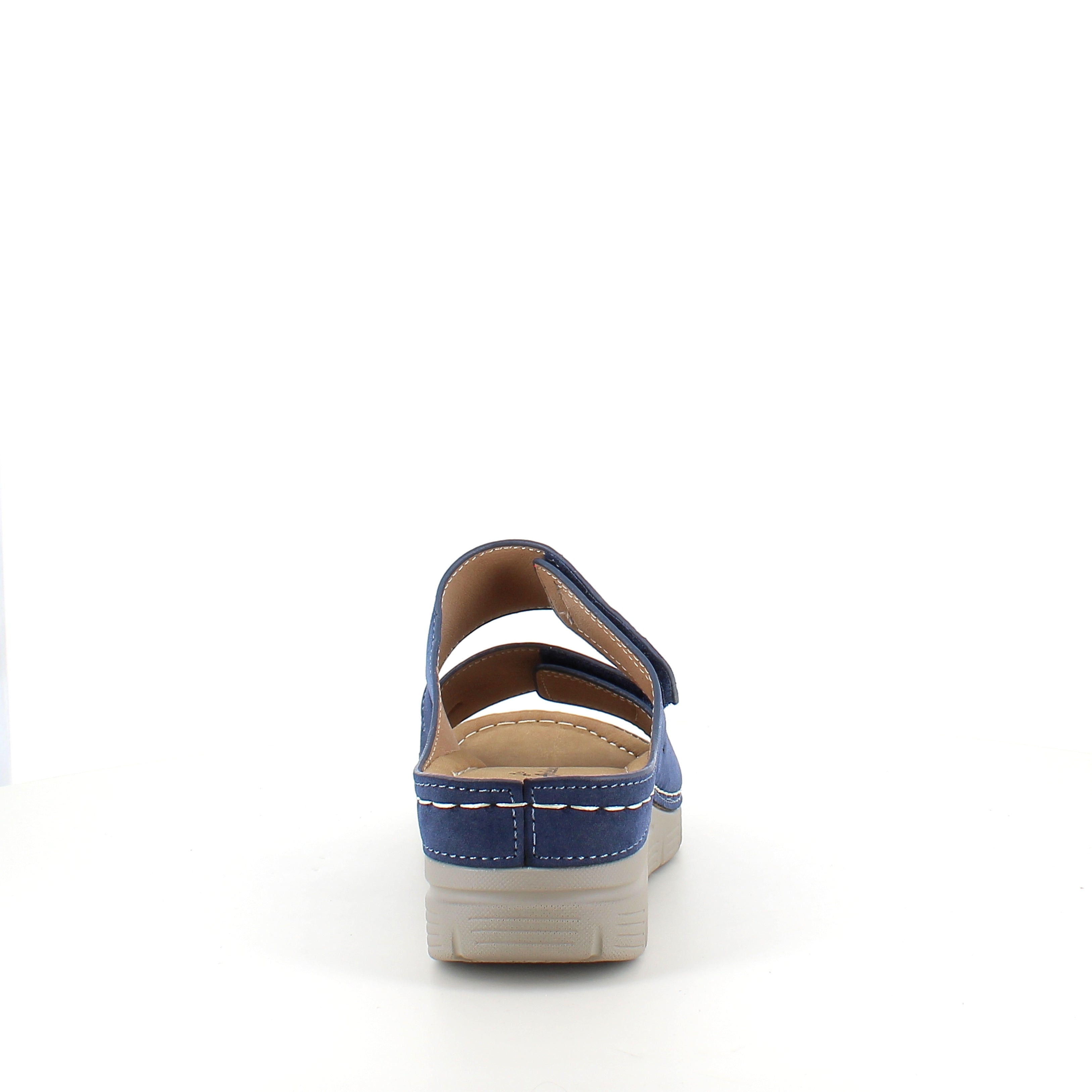 Blå slip on sandal med kilehæl & velcro – feminin & fleksibel til hverdagen