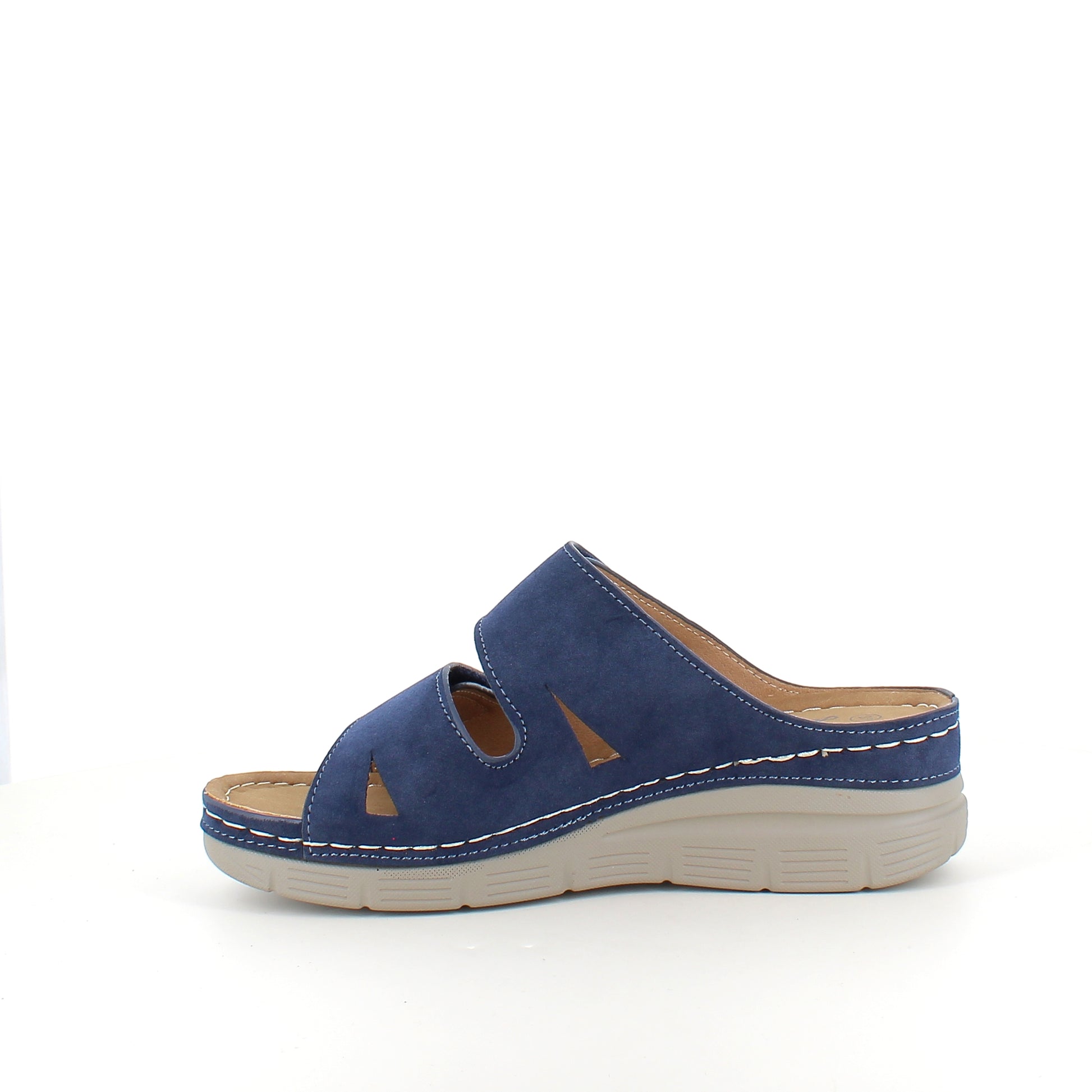 Blå slip on sandal med kilehæl & velcro – feminin & fleksibel til hverdagen