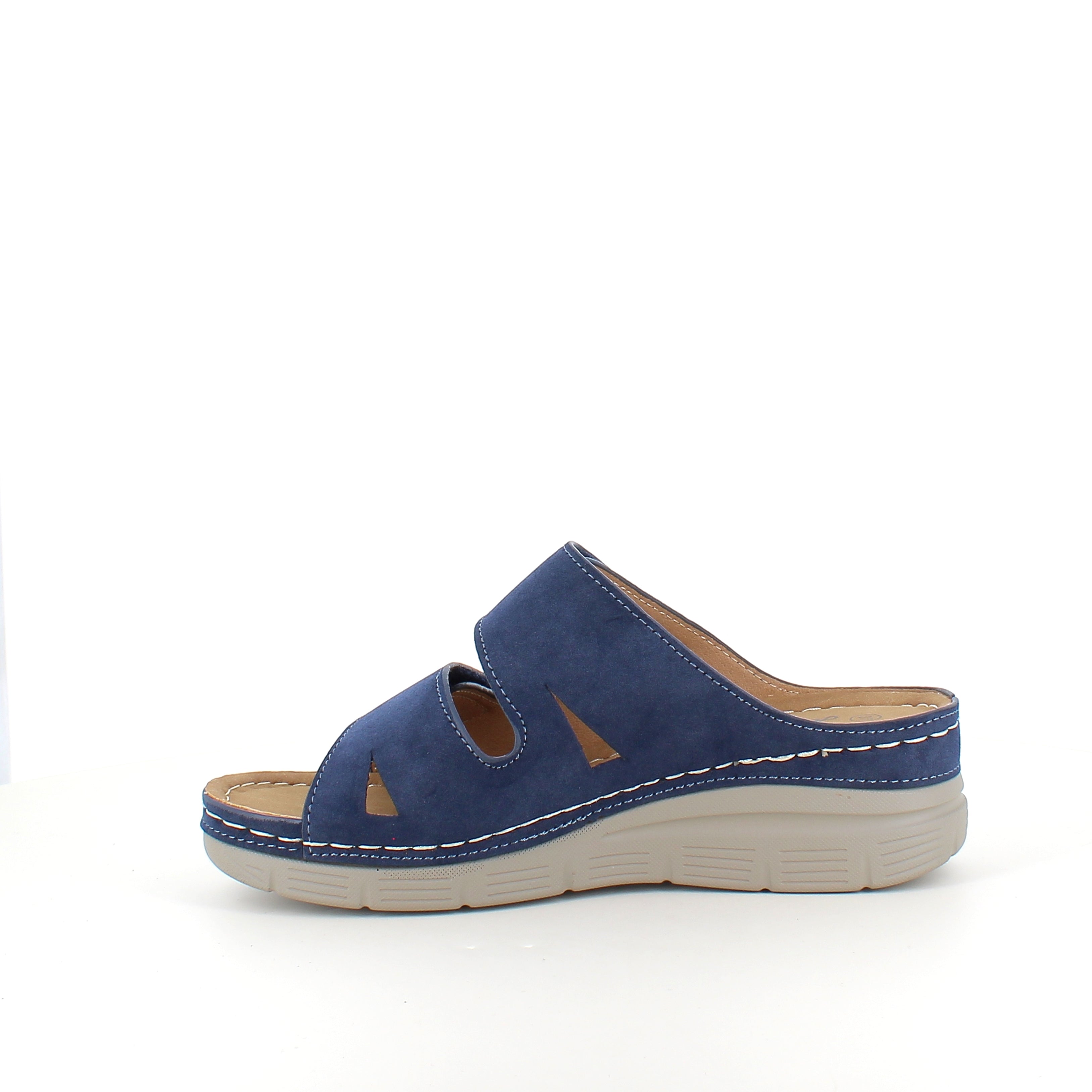 Blå slip on sandal med kilehæl & velcro – feminin & fleksibel til hverdagen
