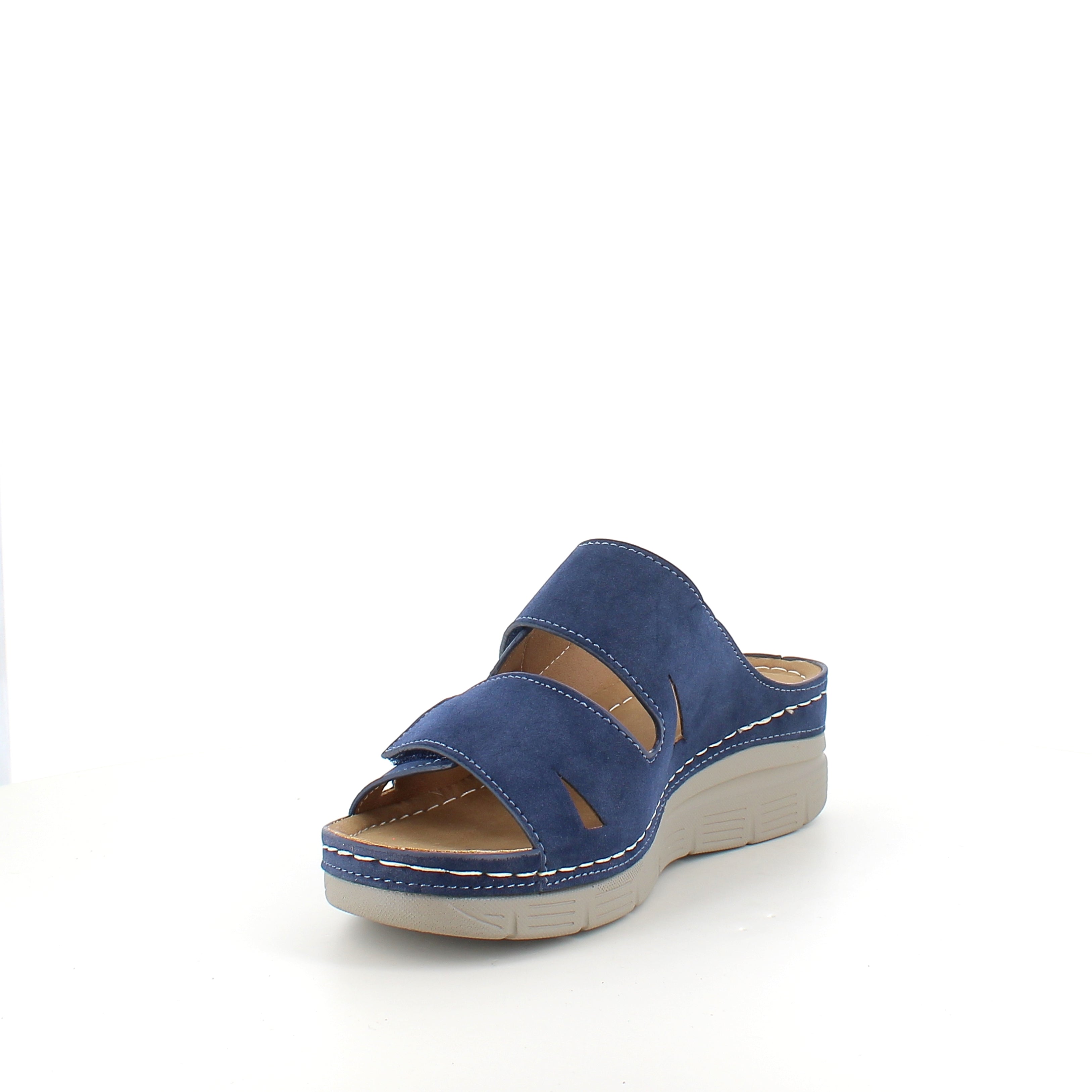Blå slip on sandal med kilehæl & velcro – feminin & fleksibel til hverdagen