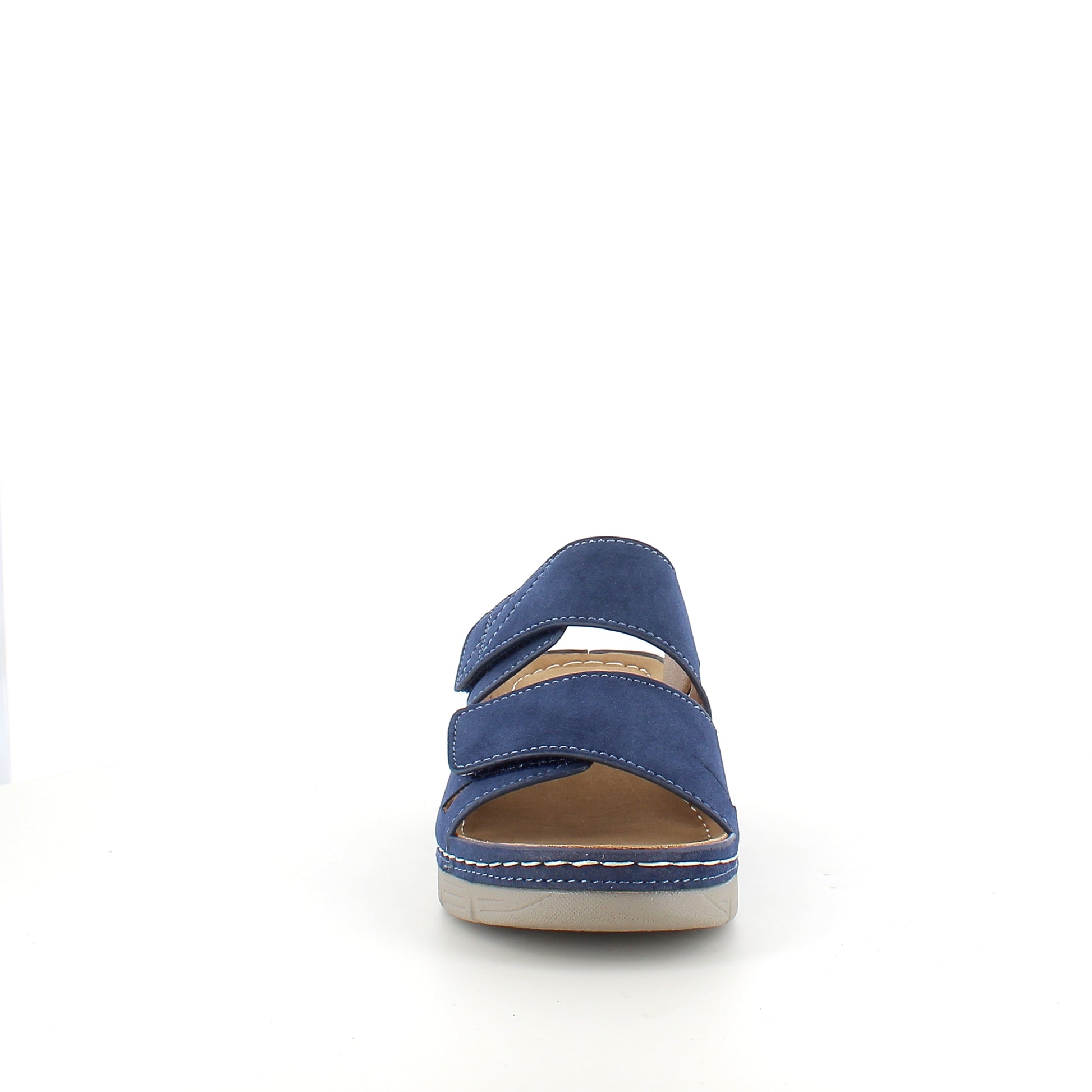 Blå slip on sandal med kilehæl & velcro – feminin & fleksibel til hverdagen