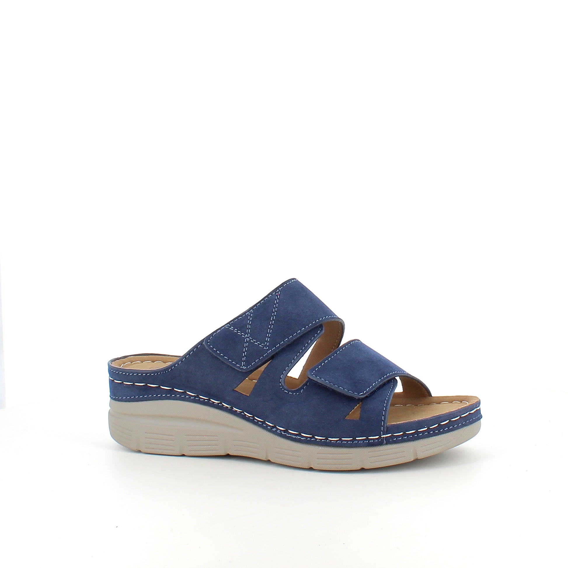 Blå slip on sandal med kilehæl & velcro – feminin & fleksibel til hverdagen