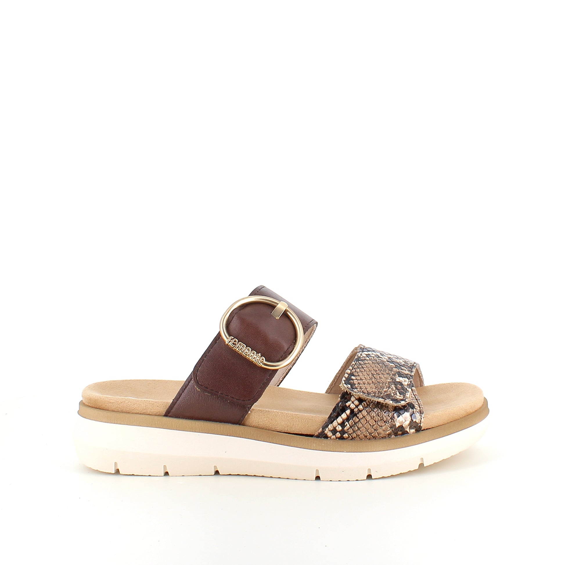 Slip on sandal i brun med slangeskindsprint – let komfort & udtagelig indersål op til str 45