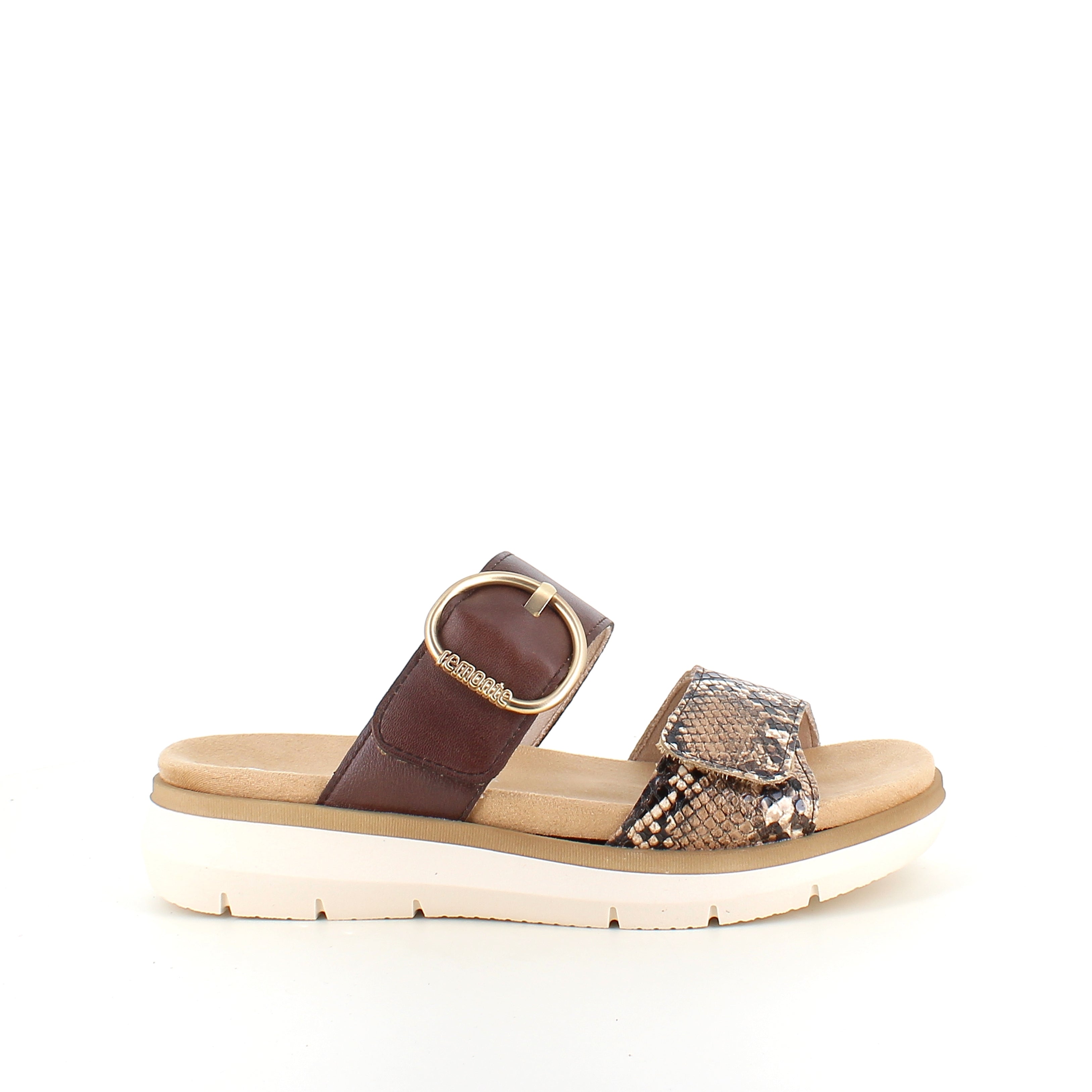 Slip on sandal i brun med slangeskindsprint – let komfort & udtagelig indersål op til str 45