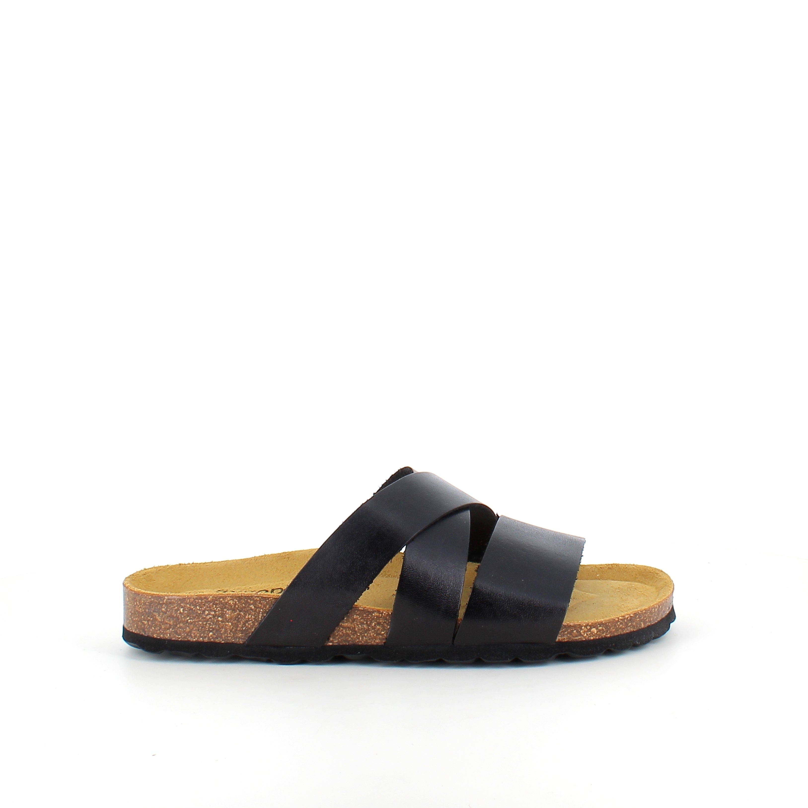 Slip on sandal i sort glat skind med krydsremme – komfort & støtte | Sygeplejebutikken