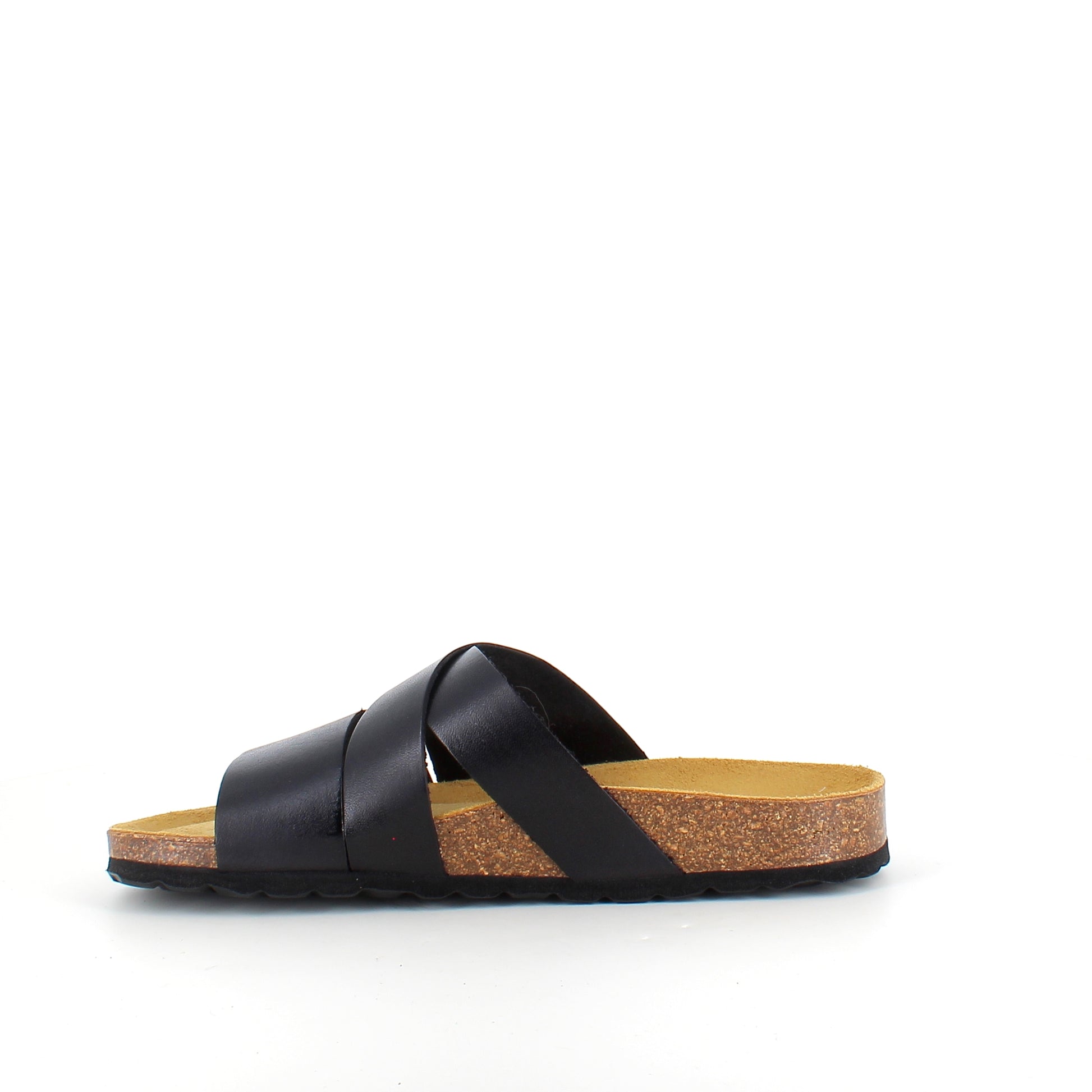 Slip on sandal i sort glat skind med krydsremme – komfort & støtte | Sygeplejebutikken