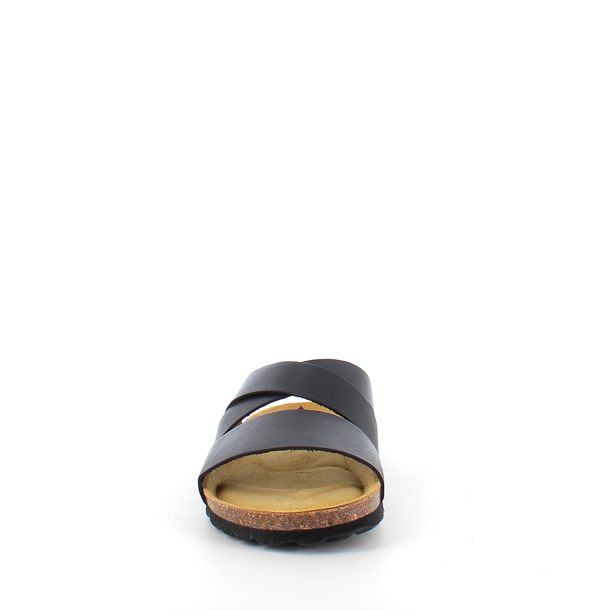 Slip on sandal i sort glat skind med krydsremme – komfort & støtte | Sygeplejebutikken
