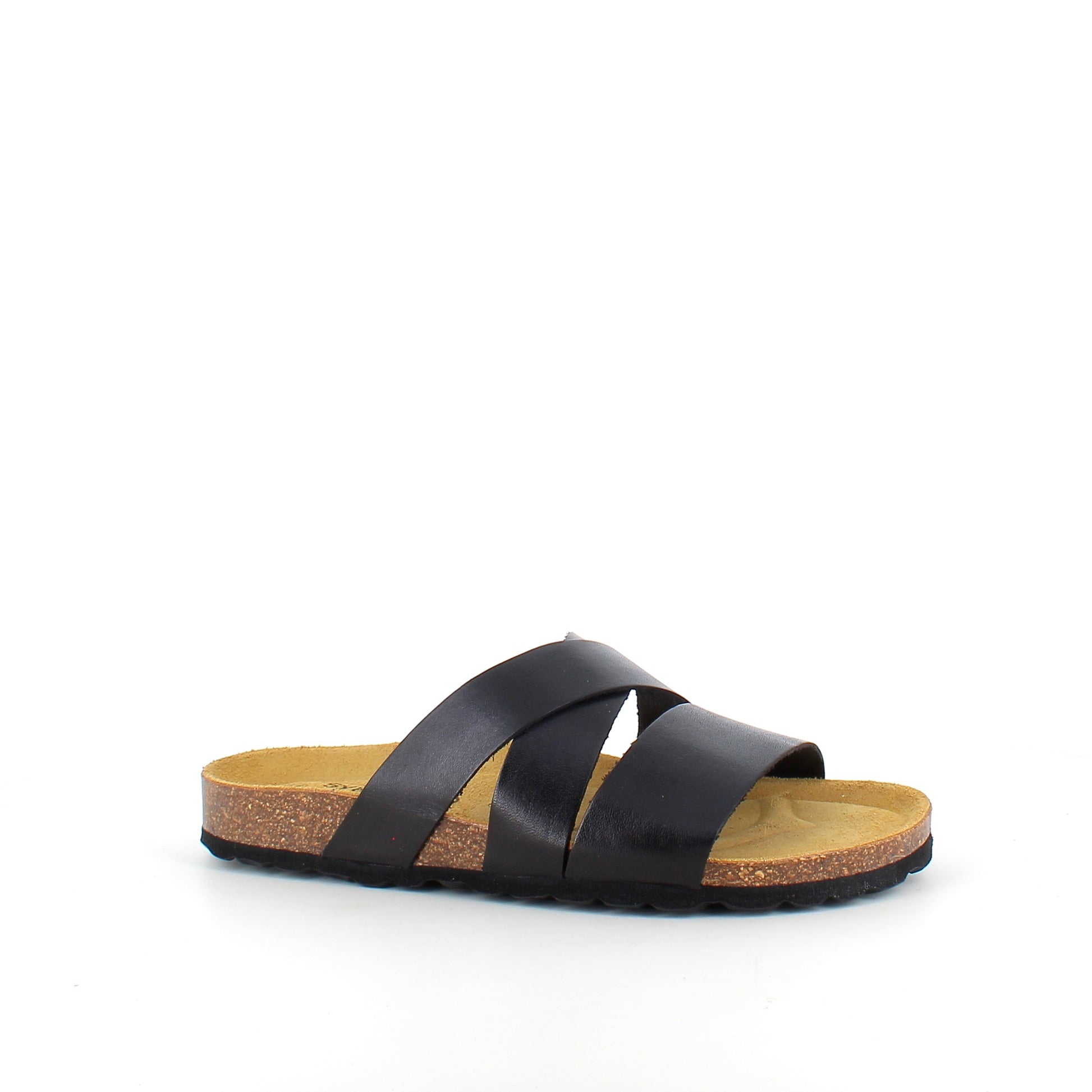 Slip on sandal i sort glat skind med krydsremme – komfort & støtte | Sygeplejebutikken