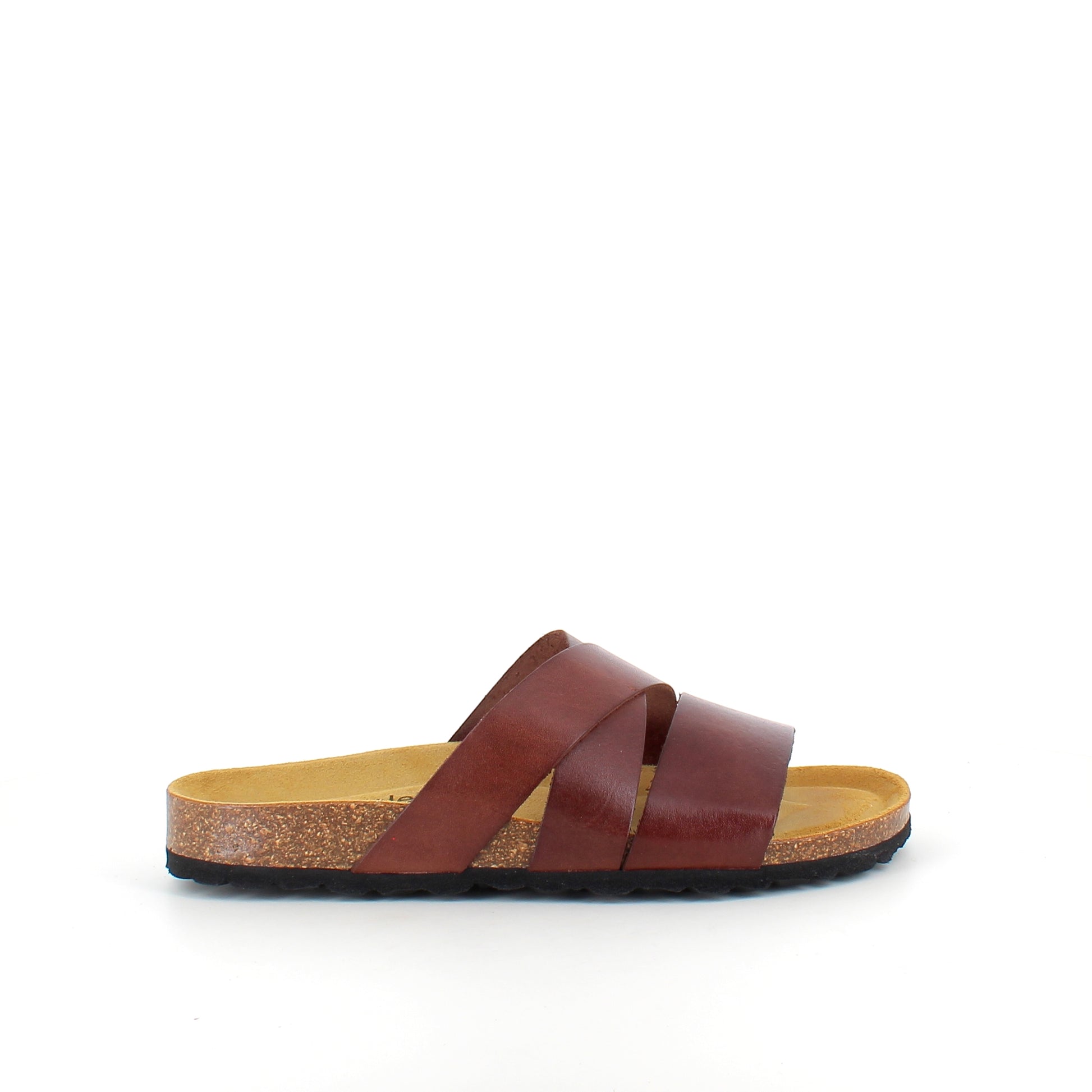 Slip on sandal i brun glat skind med krydsremme – komfort & støtte | Sygeplejebutikken