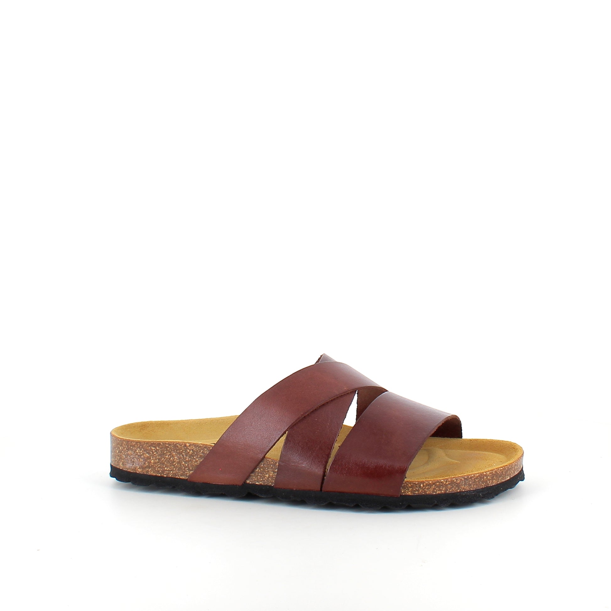 Slip on sandal i brun glat skind med krydsremme – komfort & støtte | Sygeplejebutikken