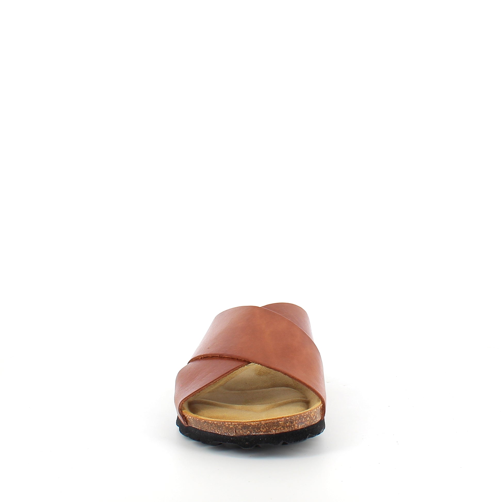 Brun slip on sandal i glat skind med krydsremme | Sygeplejebutikken