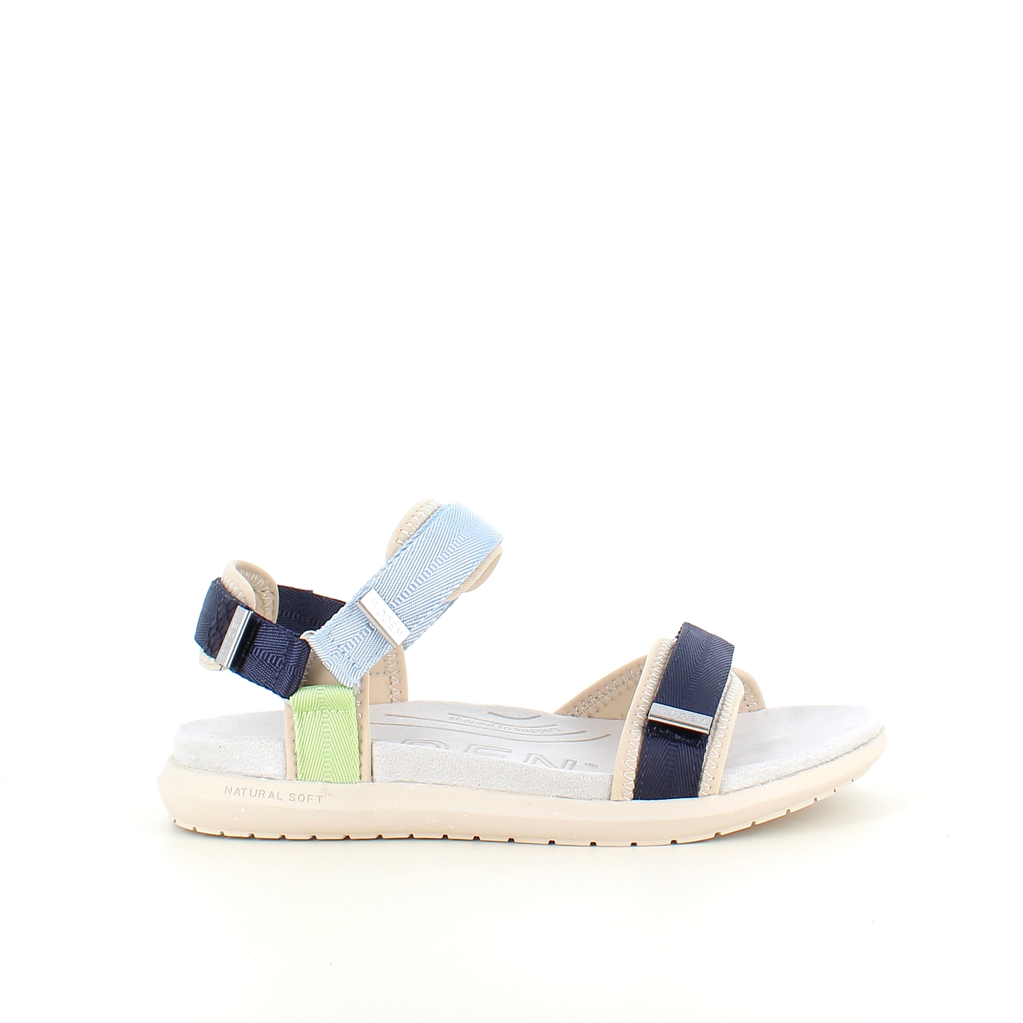 Woden sandal Moonstone Multi – Let & støttende i blå, grønne & beige nuancer