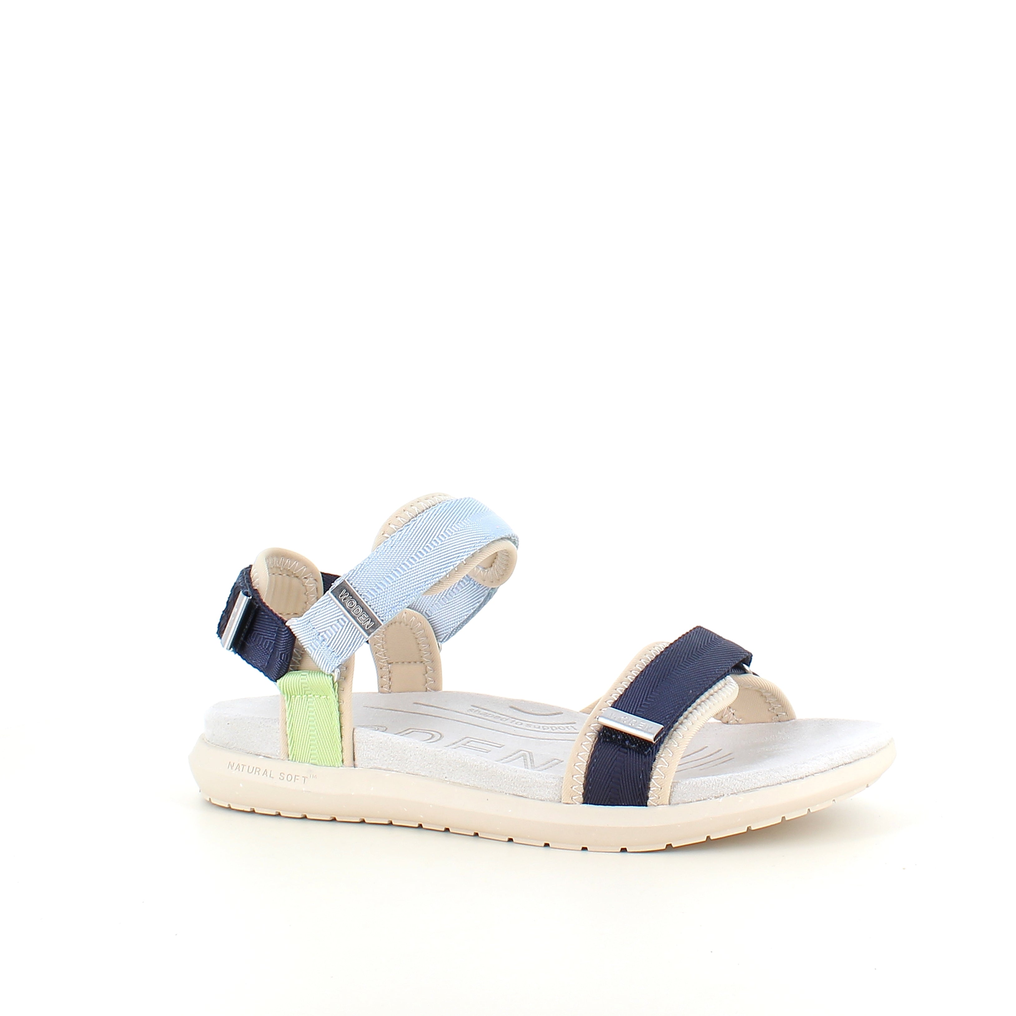 Woden sandal Moonstone Multi – Let & støttende i blå, grønne & beige nuancer