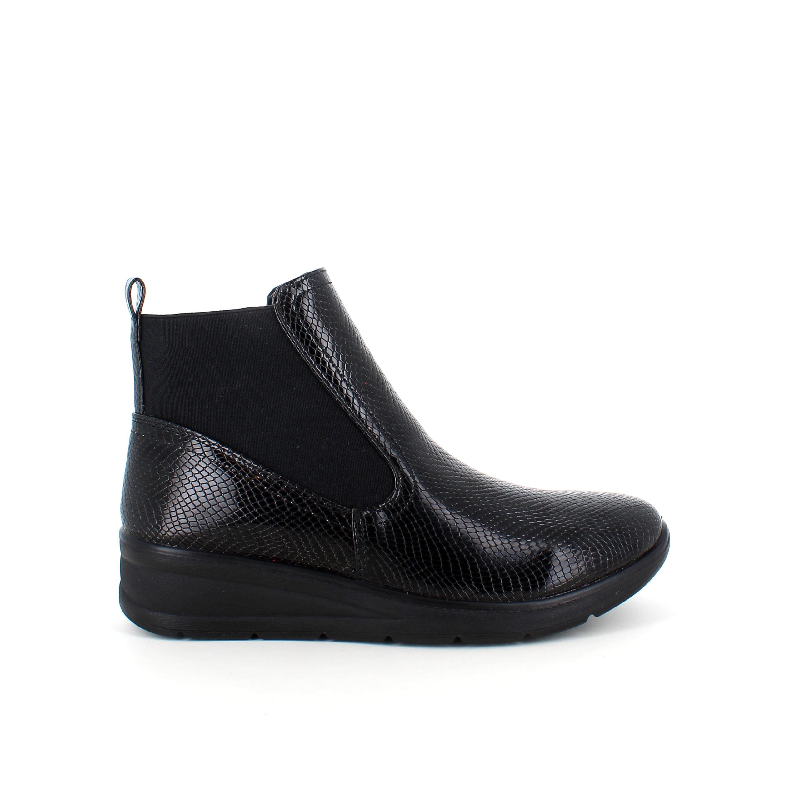 Elegant sort lakstøvle med bred elastikåbning