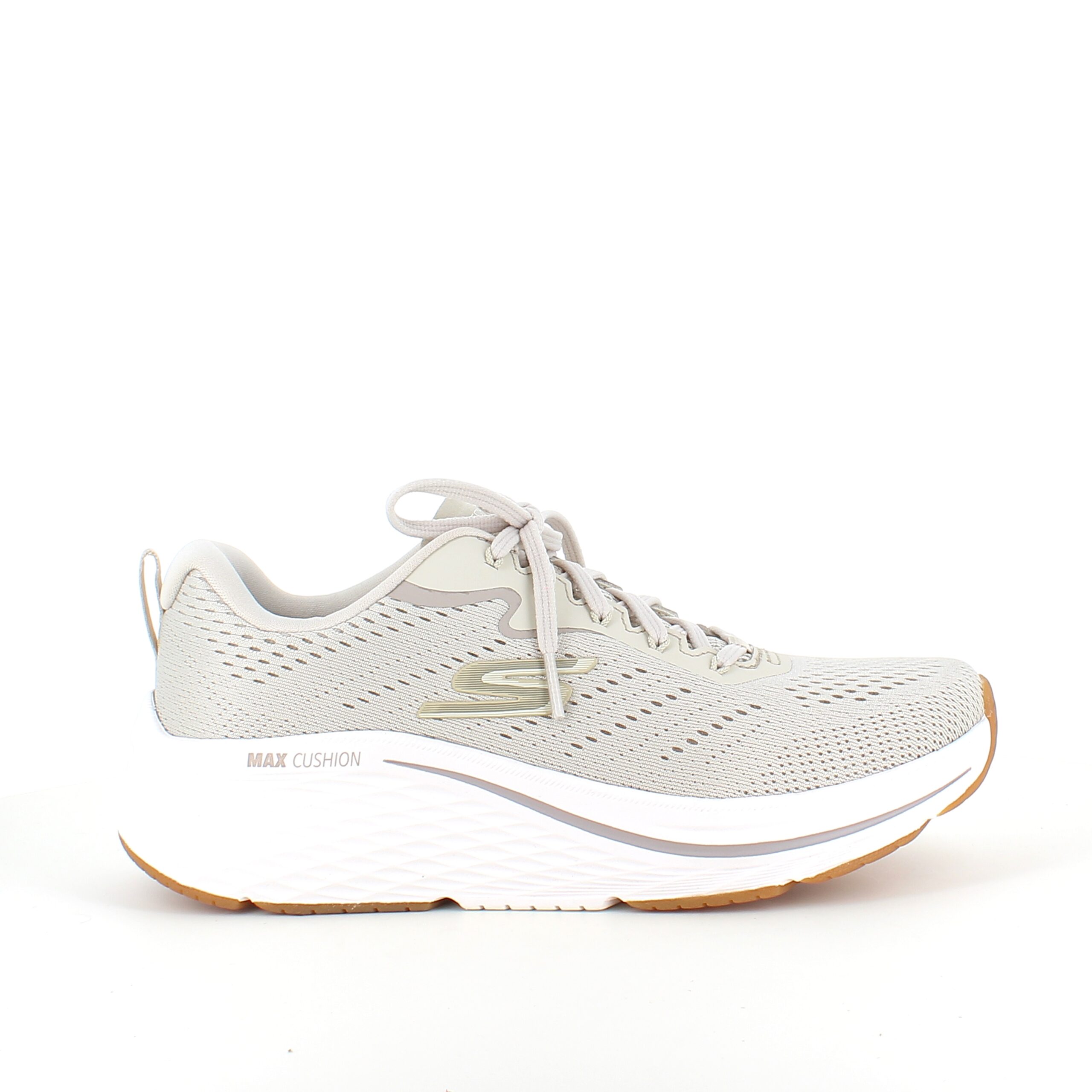 Beige Skechers Max Cushion sko – optimal støtte og uovertruffen komfort.