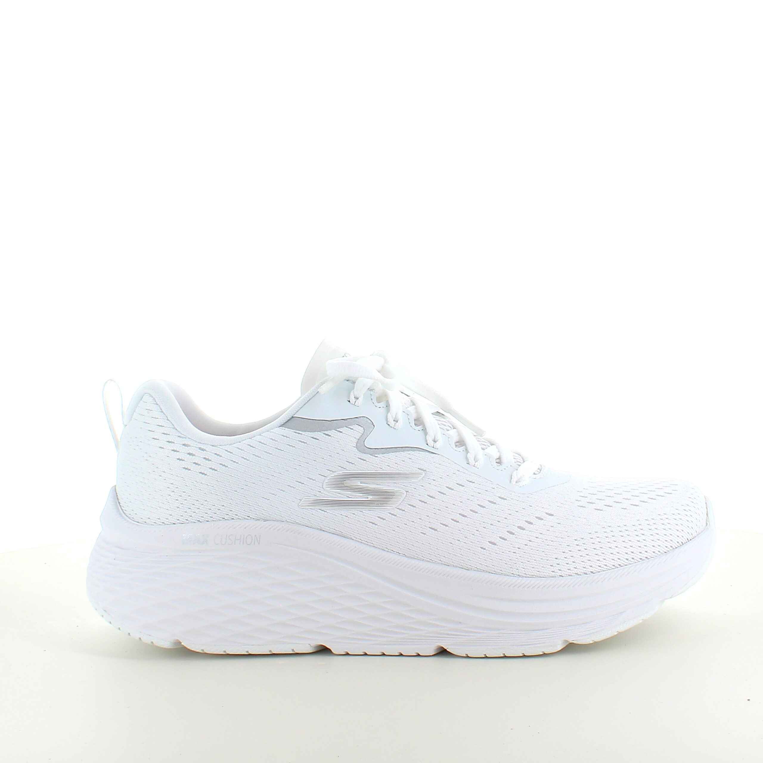 Hvid Skechers Max Cushion sko – optimal støtte og uovertruffen komfort.