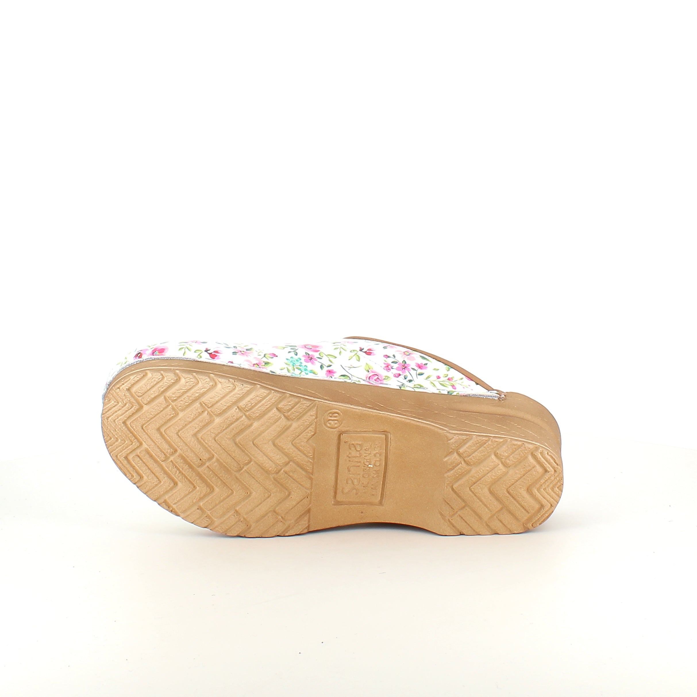 Hvid Sanita-træsko med smukt blomsterprint.