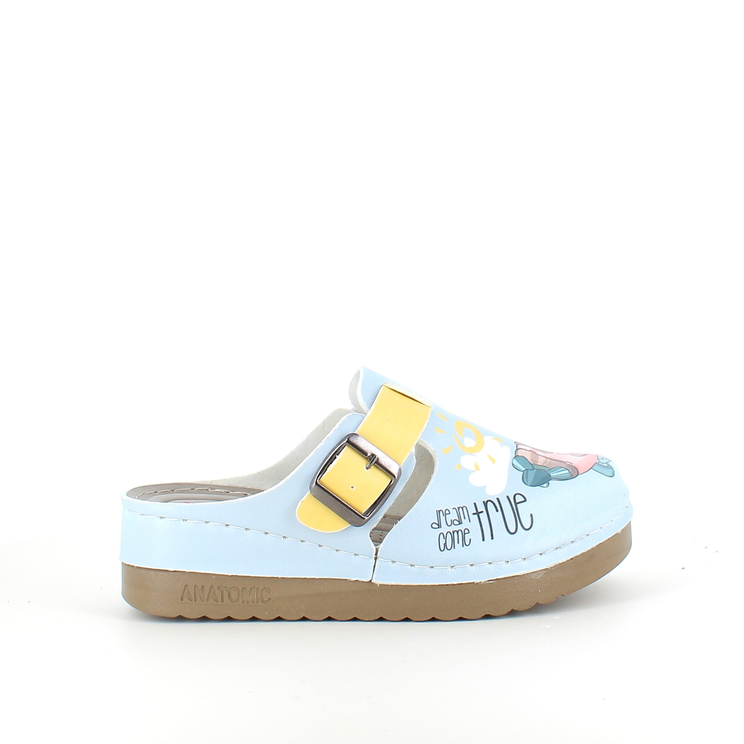 Træsko med print og citat