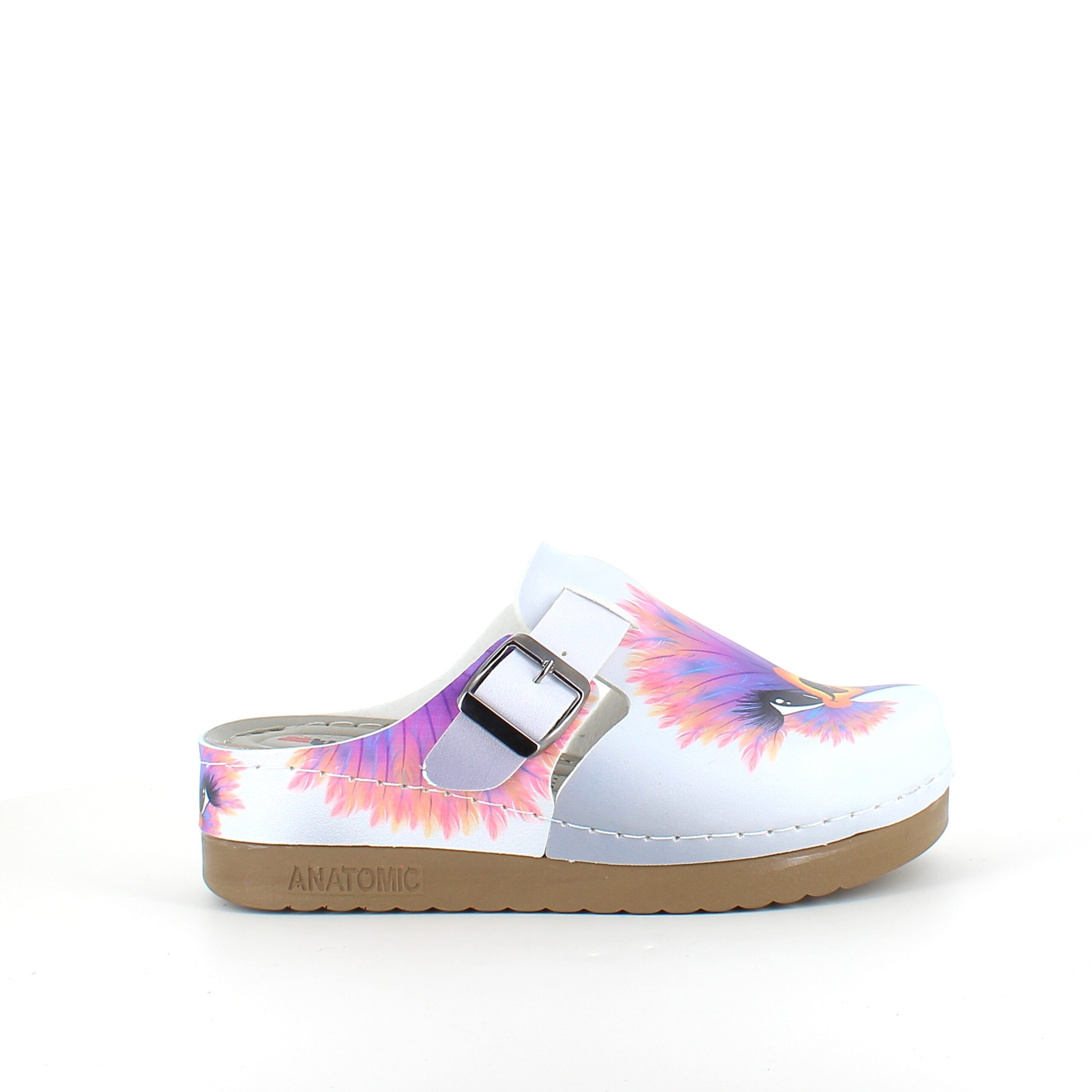 Træsko med print af en glad struds