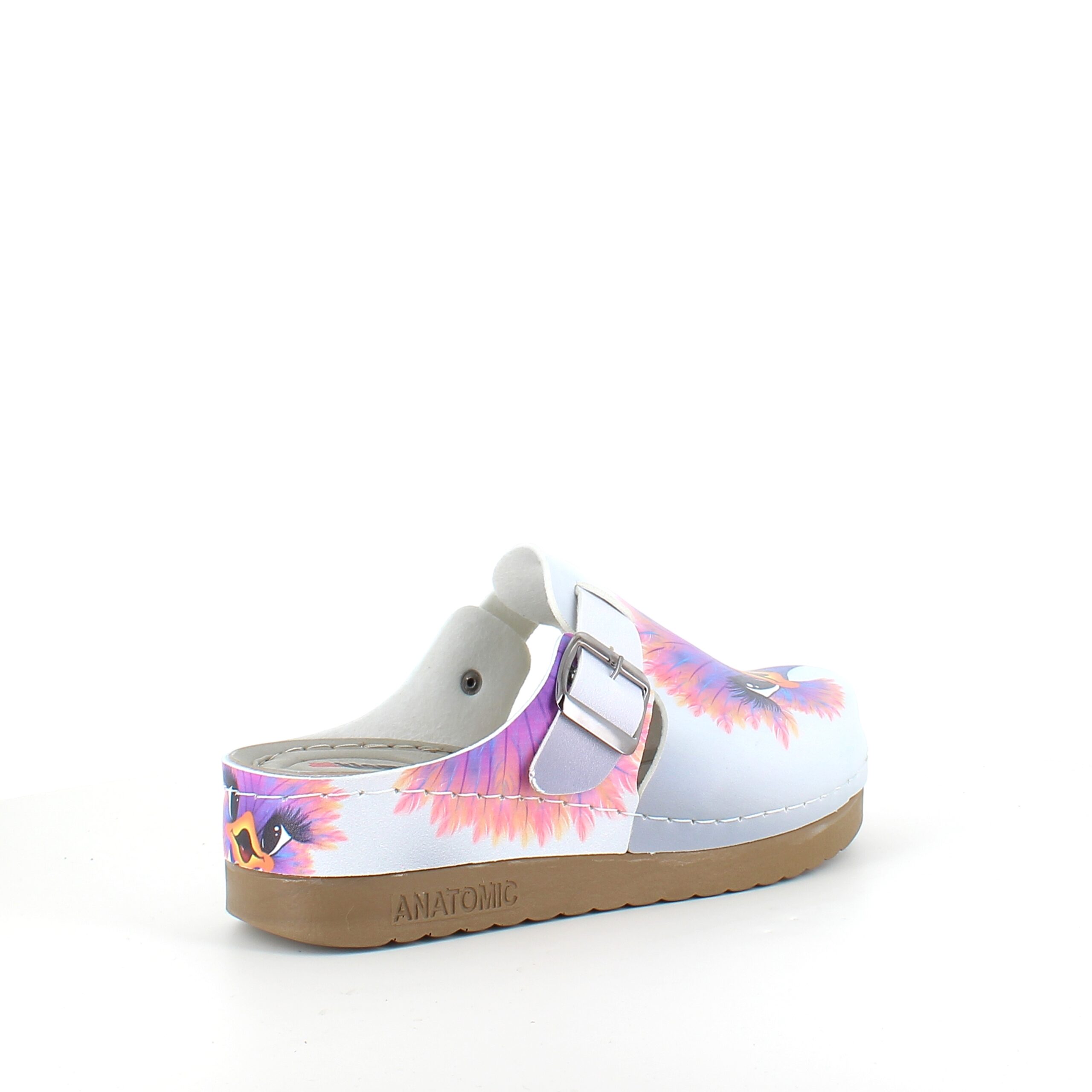 Træsko med print af en glad struds