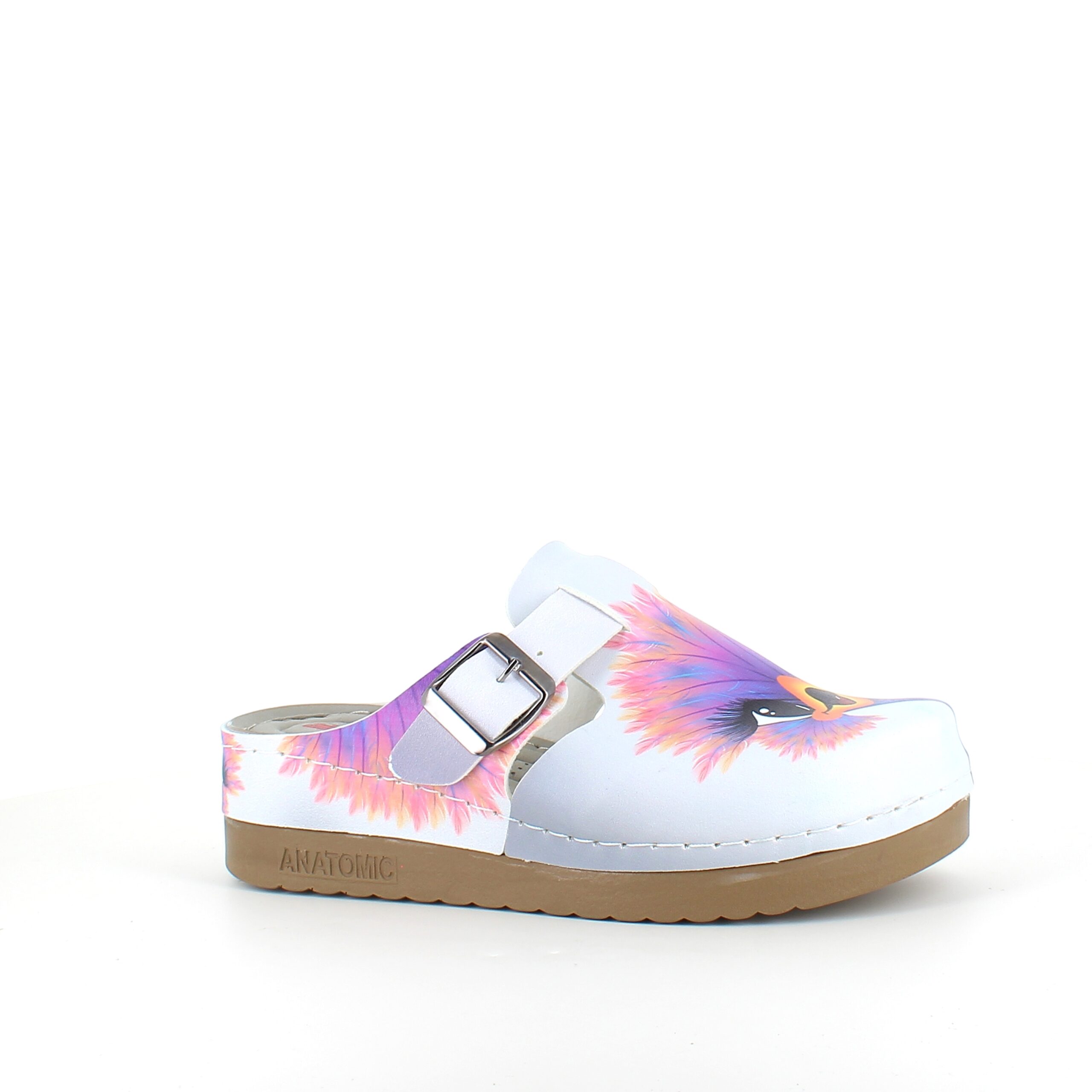 Træsko med print af en glad struds