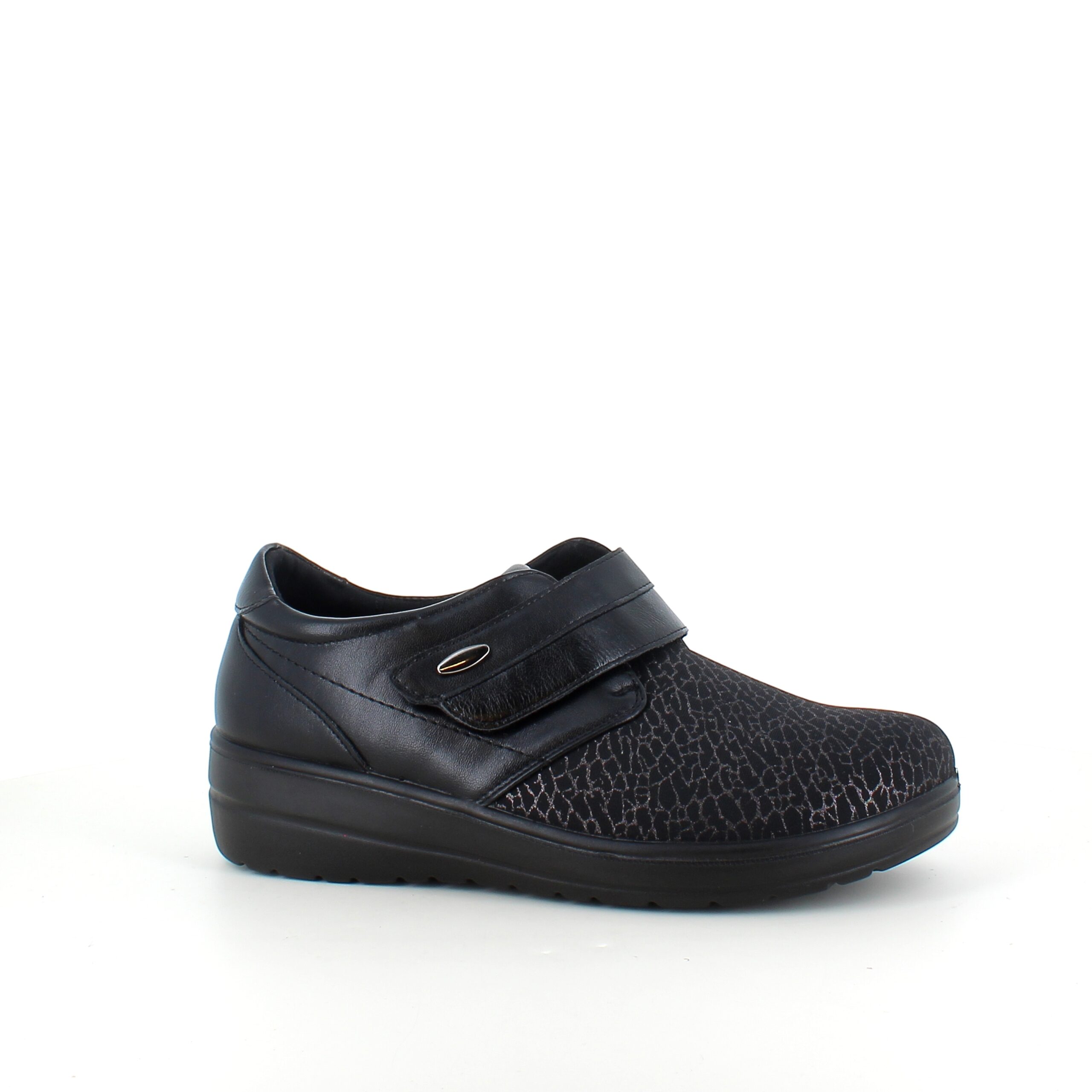 Damesko i sort PU med mønstret overdel, velcrolukning og fleksibel PU-sål