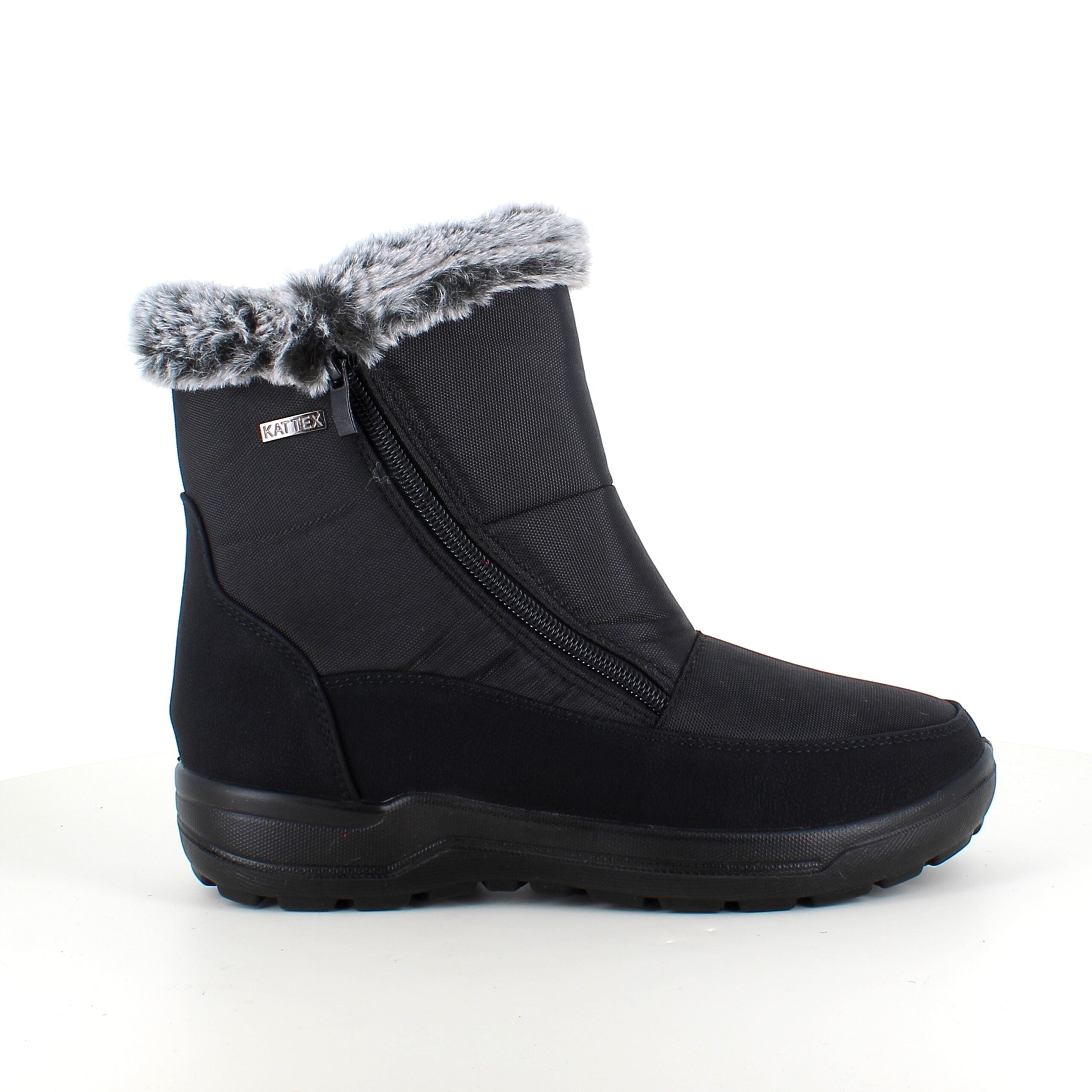 Damestøvletter i sort PU med pelskant og varmt for – 2 lynlåse og komfortabel PU-sål
