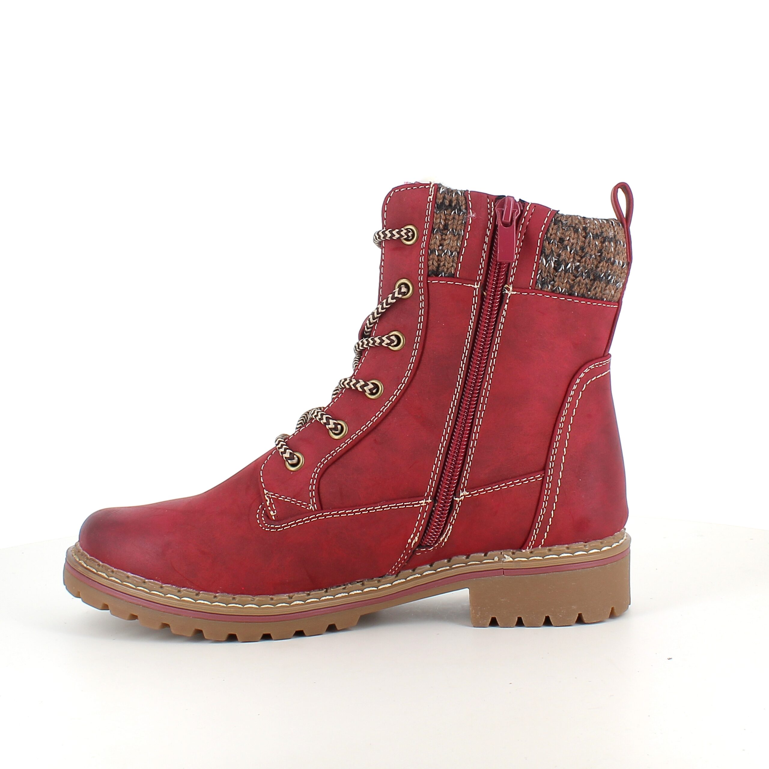 Rød damestøvle med snørebånd, lynlås og varmt for – dekorativ spænde og TPR-sål