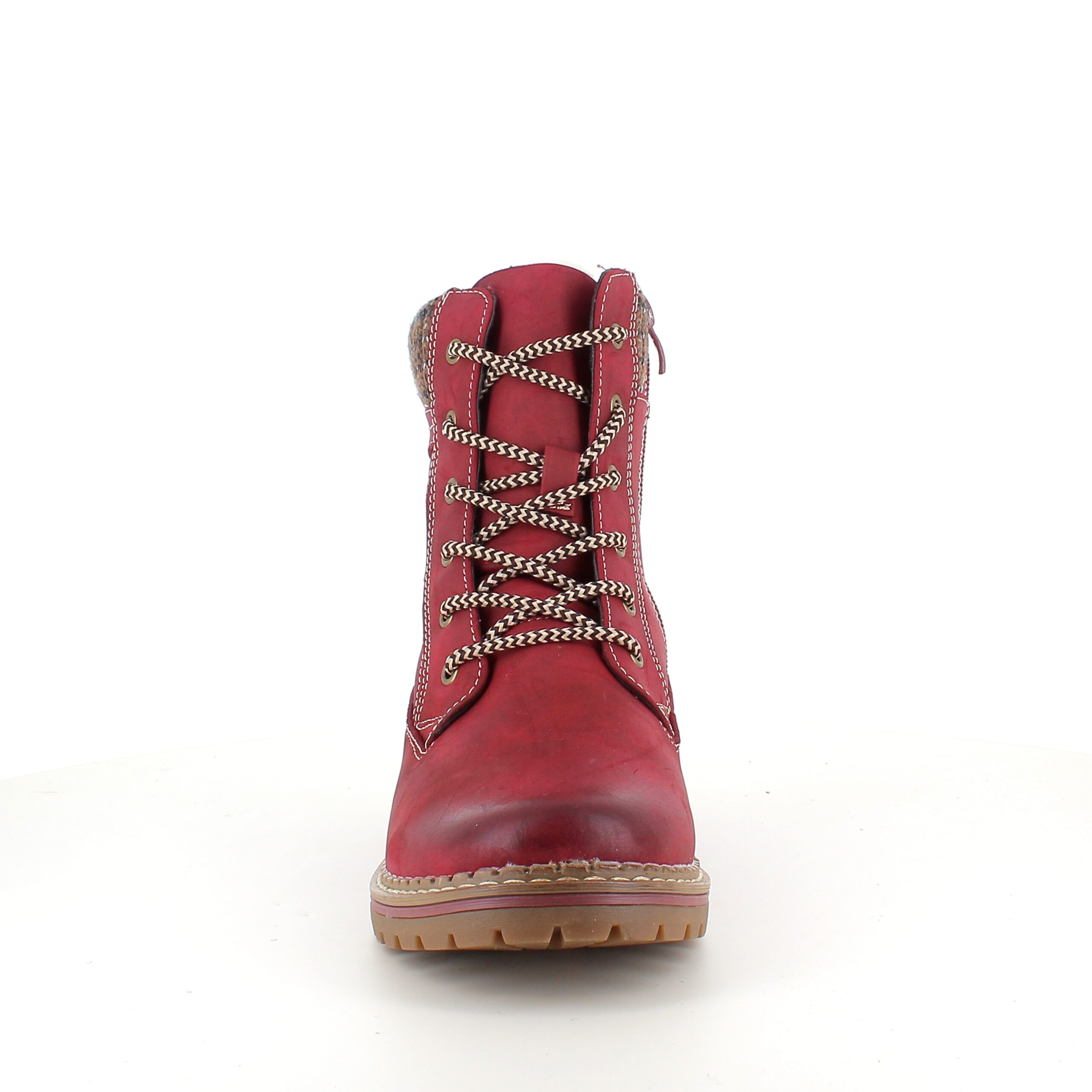 Rød damestøvle med snørebånd, lynlås og varmt for – dekorativ spænde og TPR-sål