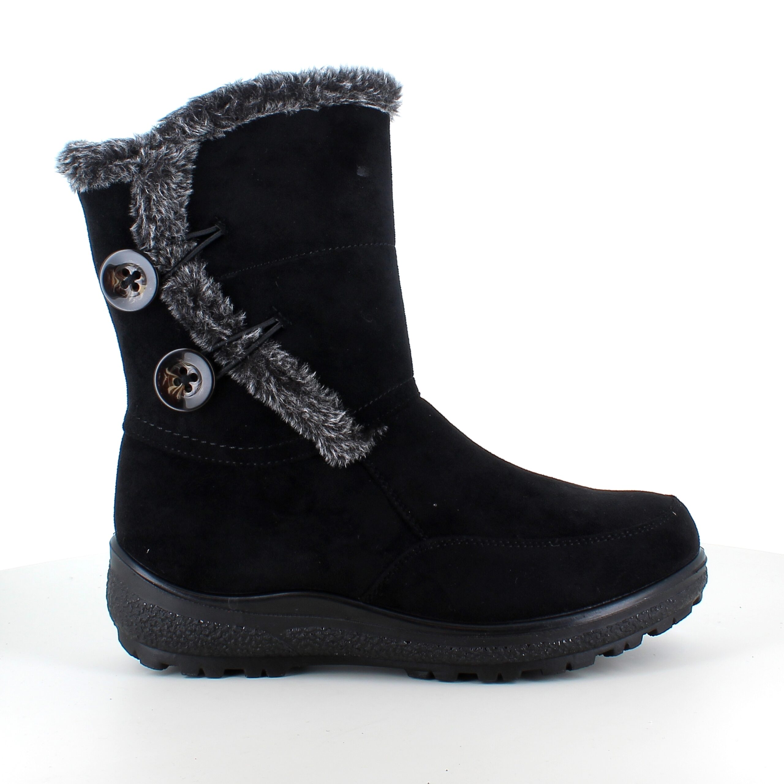 Sort støvle med fin pelsdetalje.