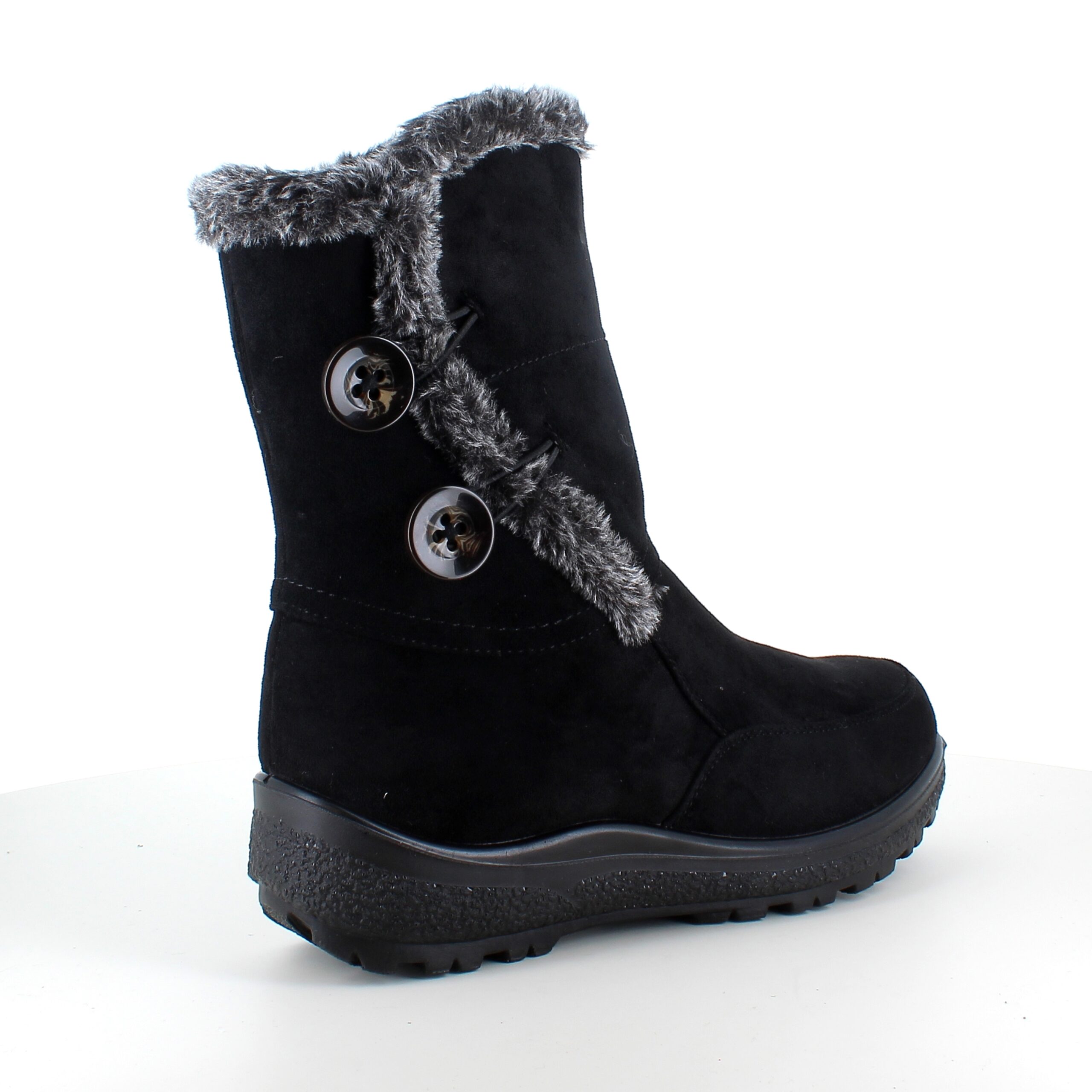Sort støvle med fin pelsdetalje.