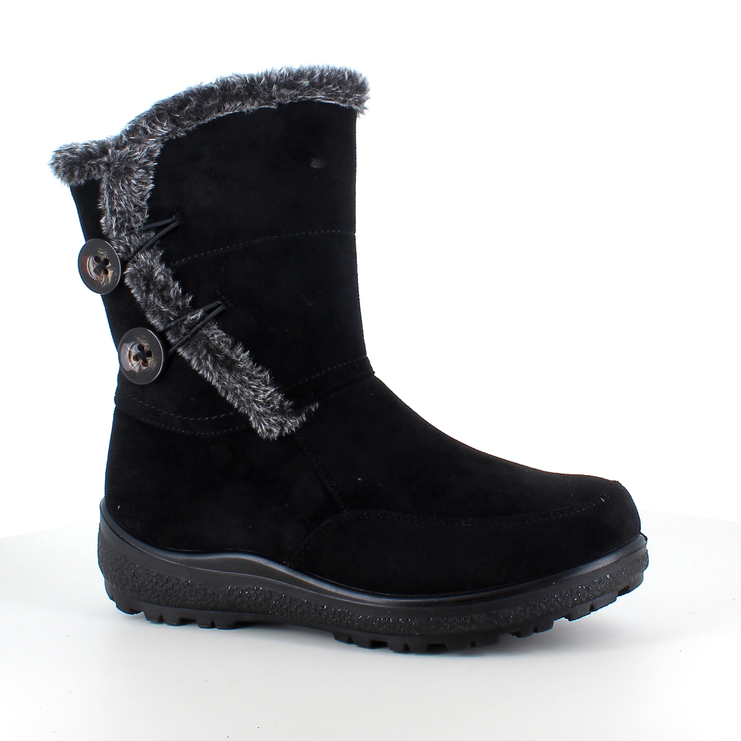 Sort støvle med fin pelsdetalje.