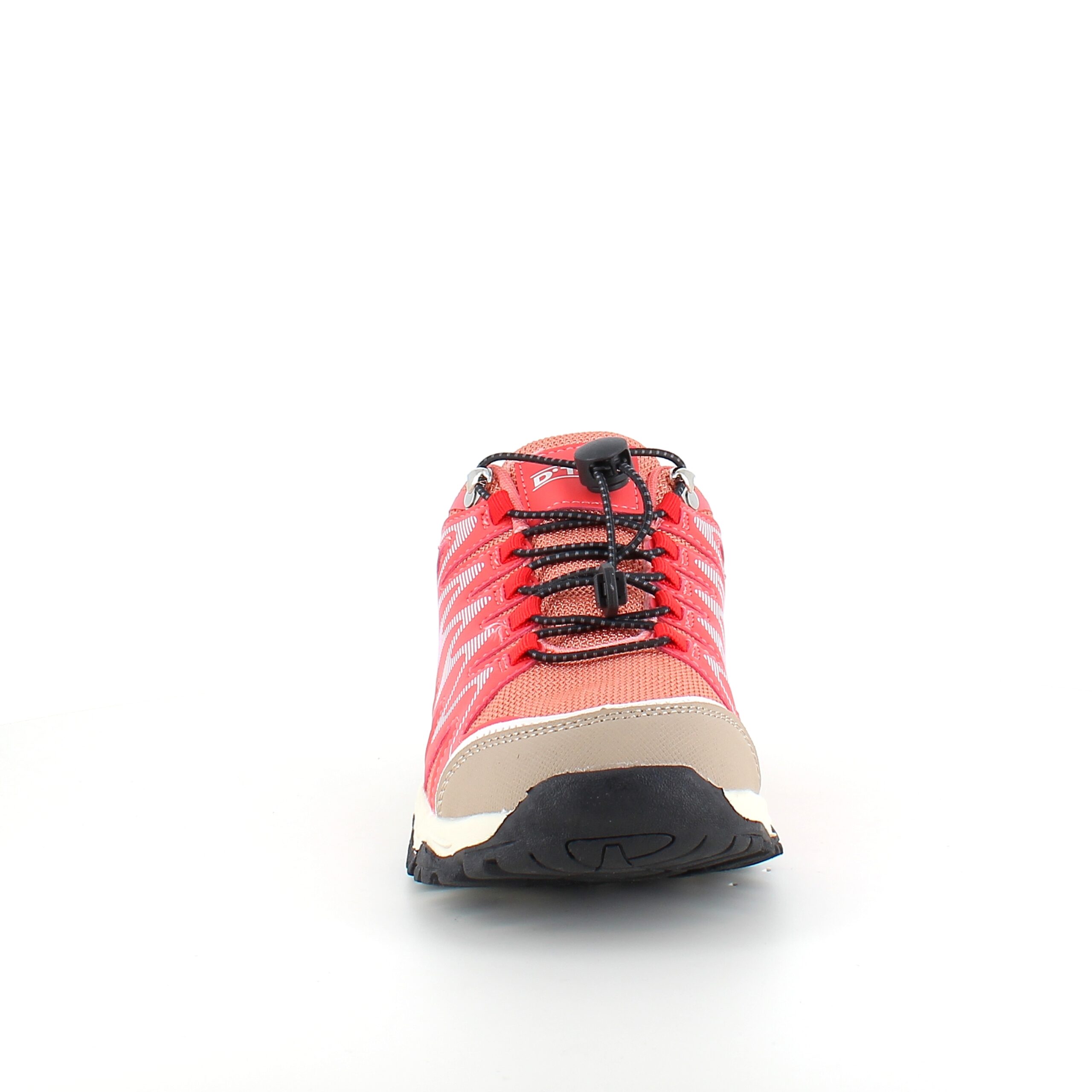Fleksible laksefarvede sneakers med elastiksnørebånd.