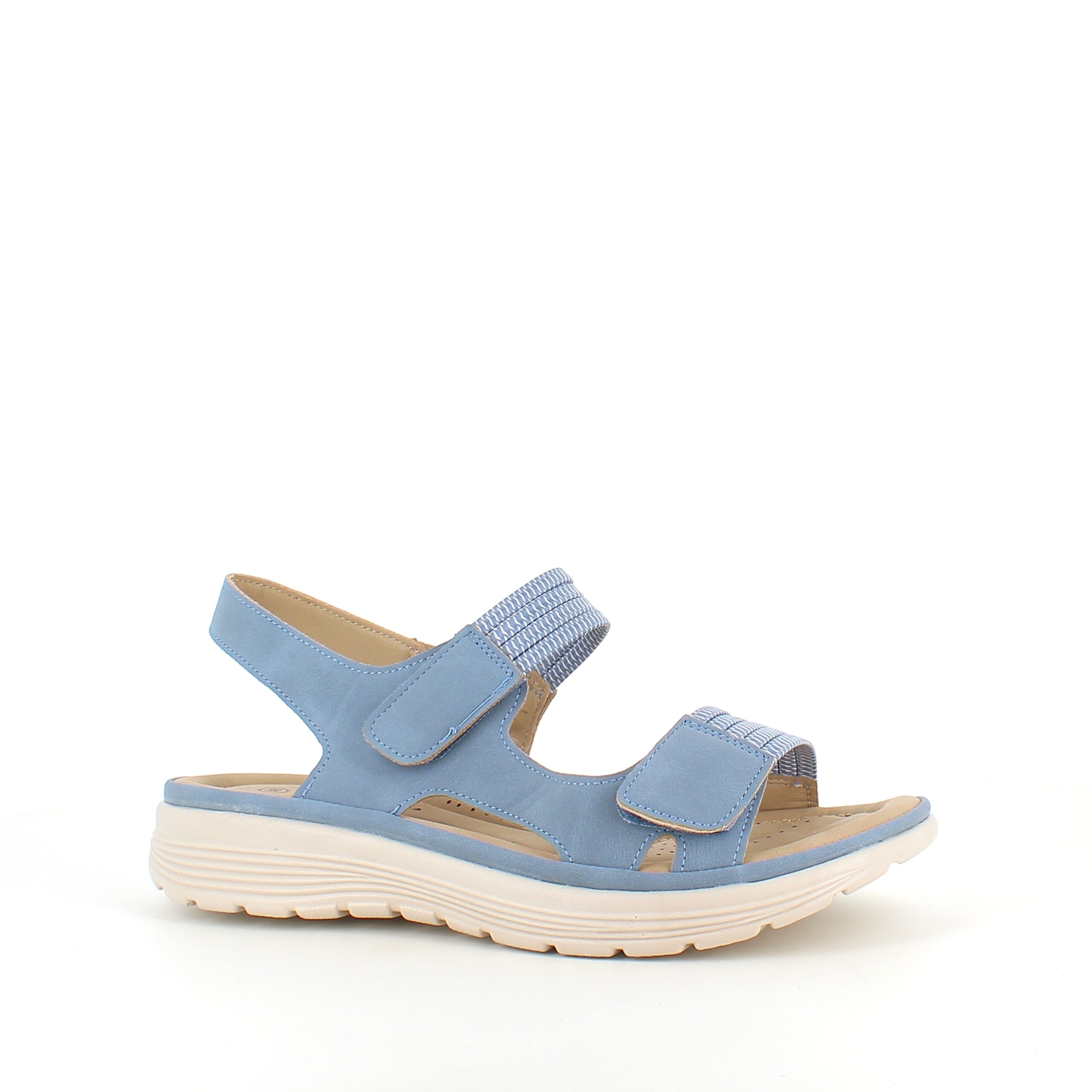 Blå komfortsandal med elastiske detaljer og velcrolukning
