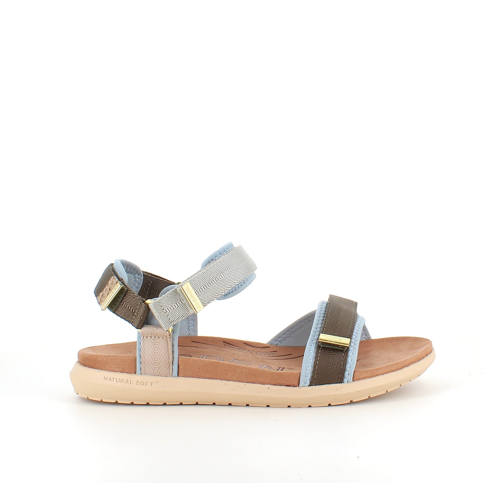 Lyseblå/grøn Woden sandal med god svangstøtte.
