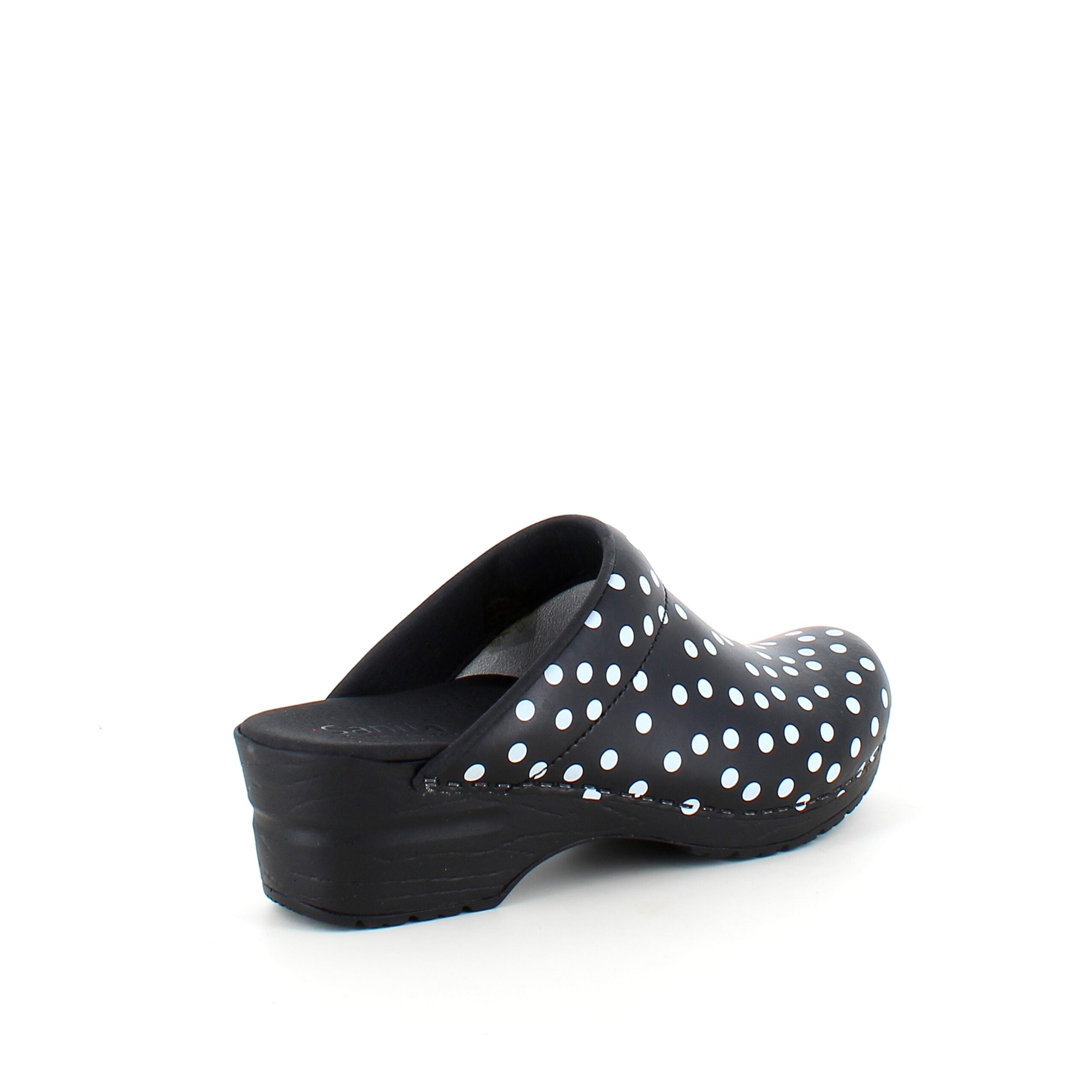 Sanita træsko med sort og hvidt prikmønster