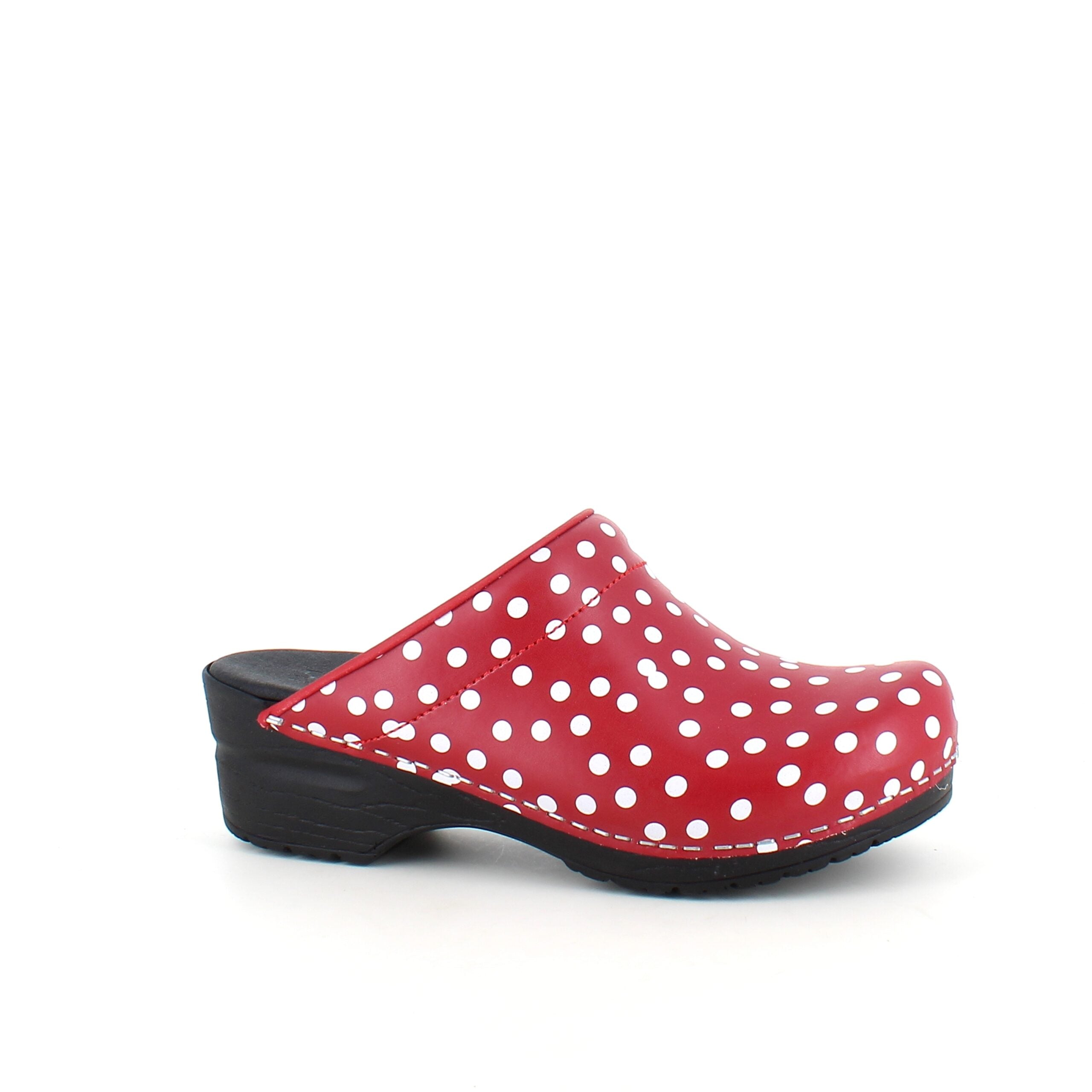 Sanita træsko med rødt og hvidt prikmønster